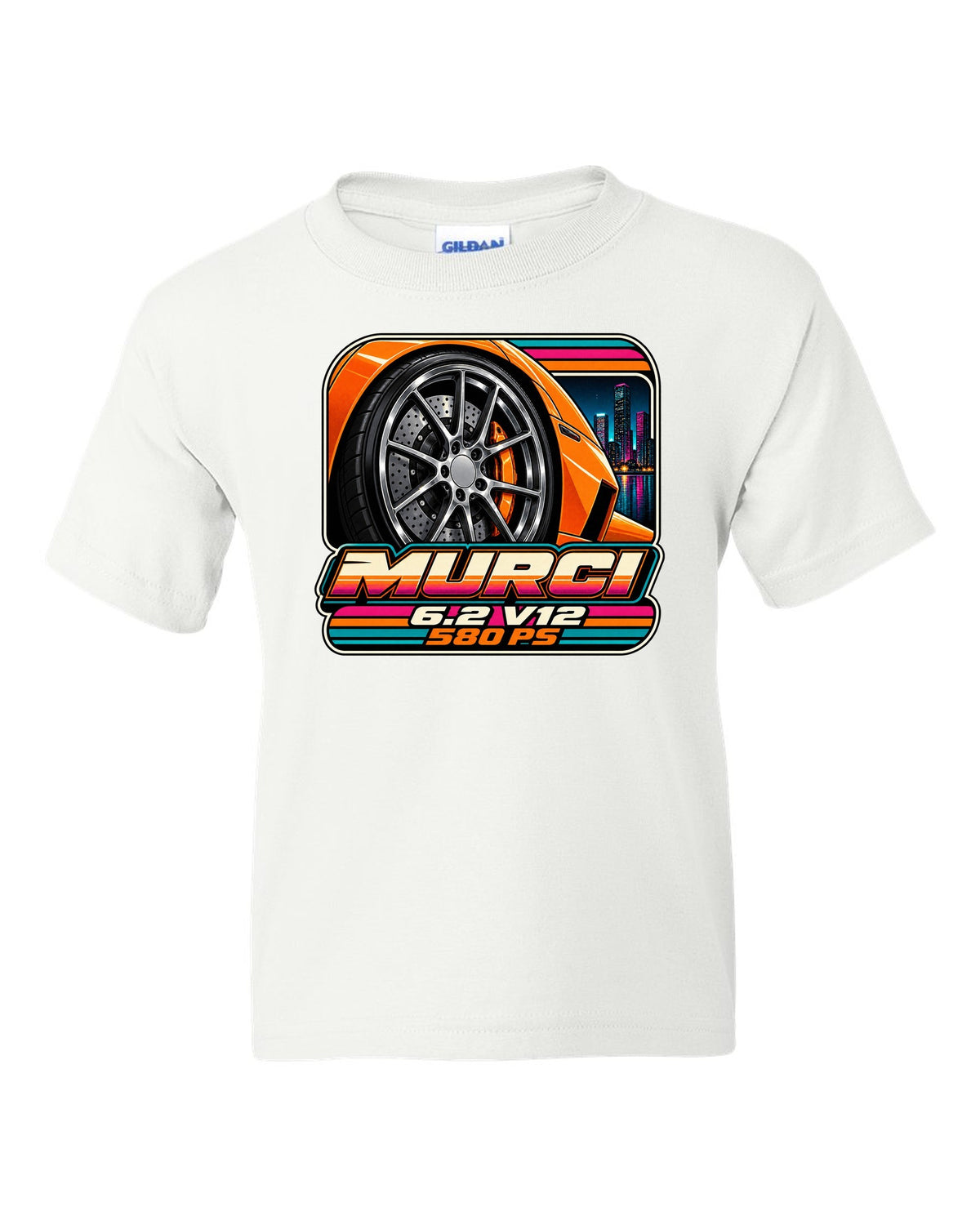 Cassette tape packaging style print of a 2001 Lamborghini Murcielago wheel with 6.2 V12 and 580 PS white kids tee front view with the design
