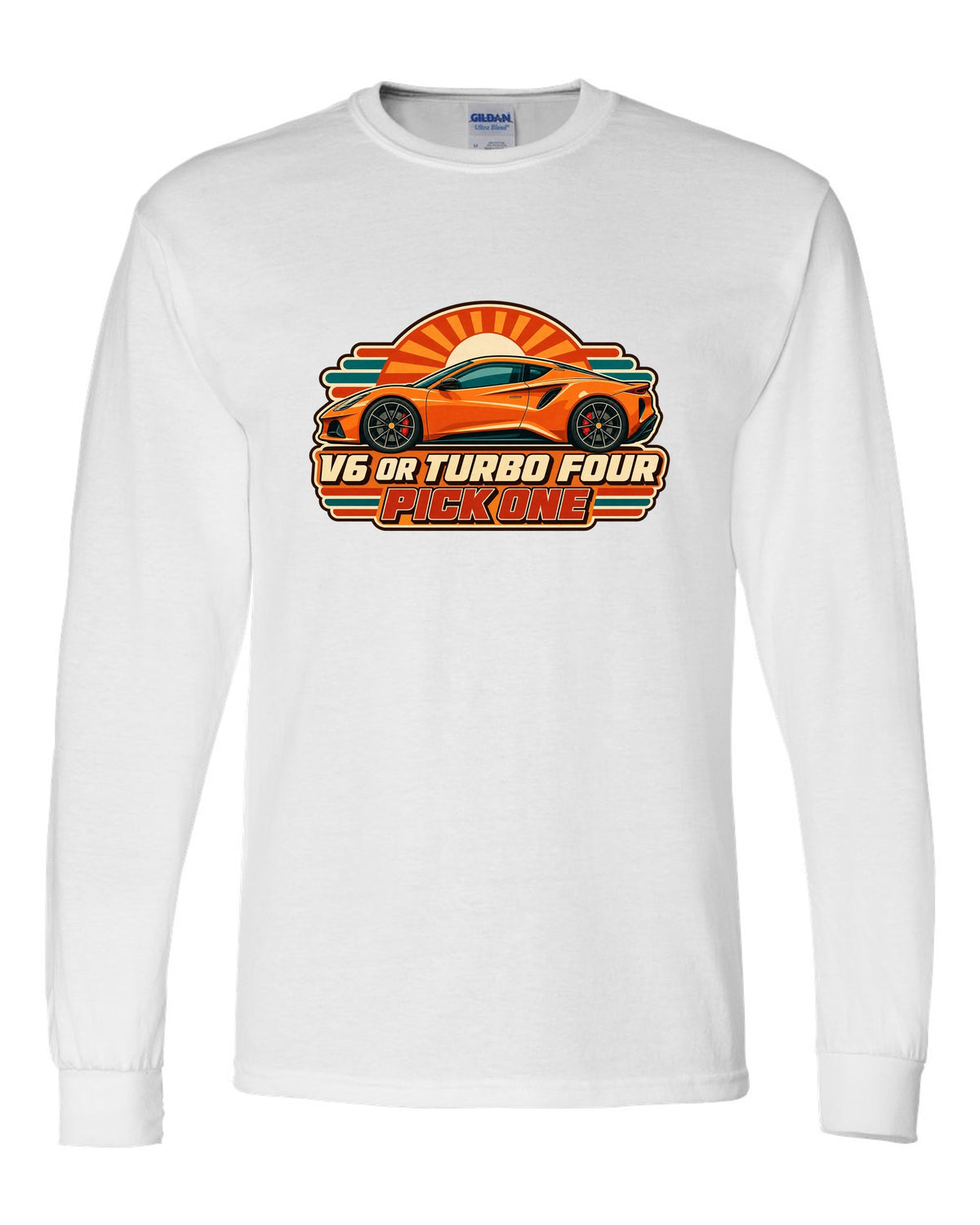 Lotus Emira in retro Japanese showa ad style with V6 OR TURBO FOUR PICK ONE lettering white long sleeve front view with the design