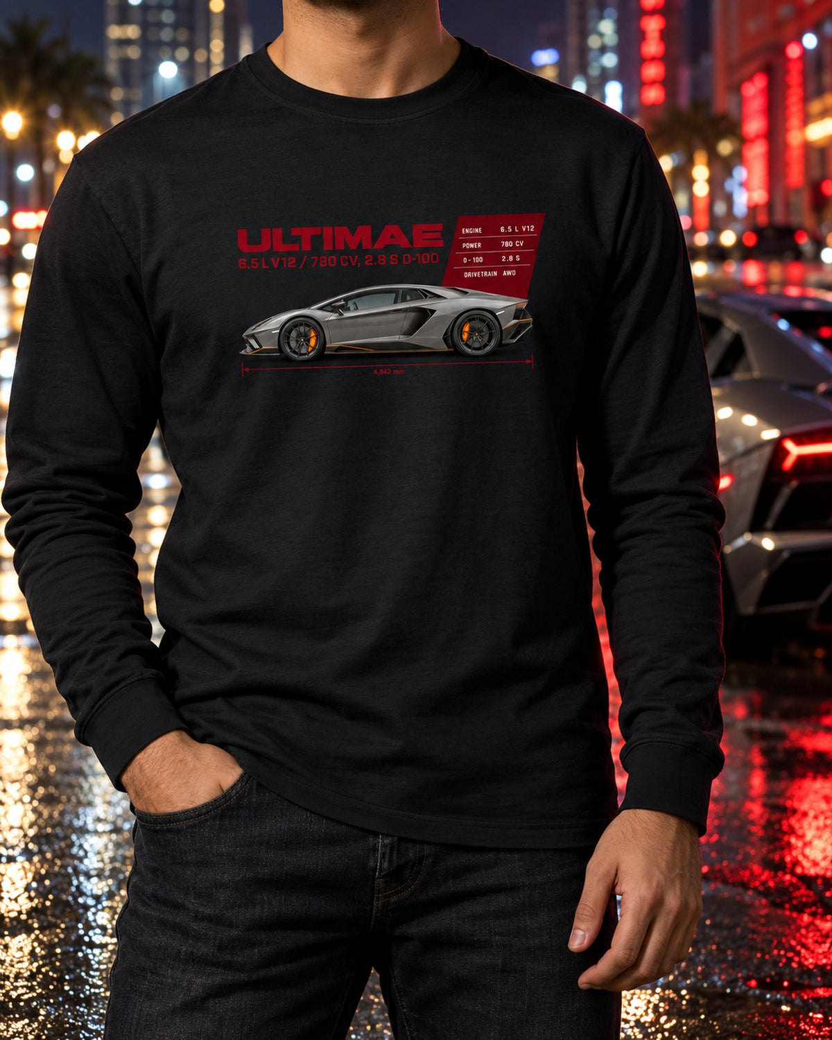 Lamborghini Aventador Ultimae Spec Poster Tee, V12 Fan Long Sleeve Black worn hero