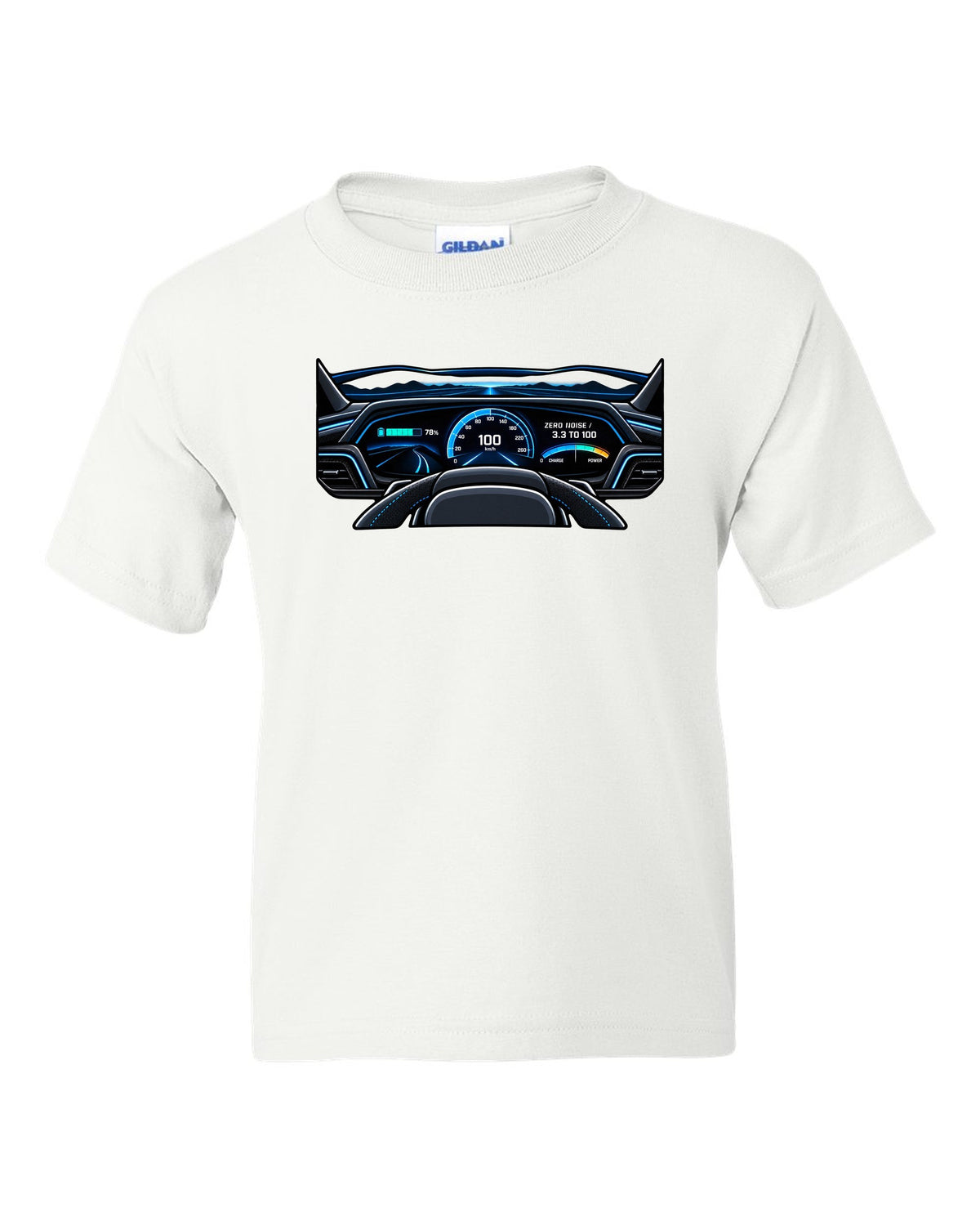 Flat gauge cluster print for the Audi e-tron GT with zero noise lettering white kids tee front view with the design