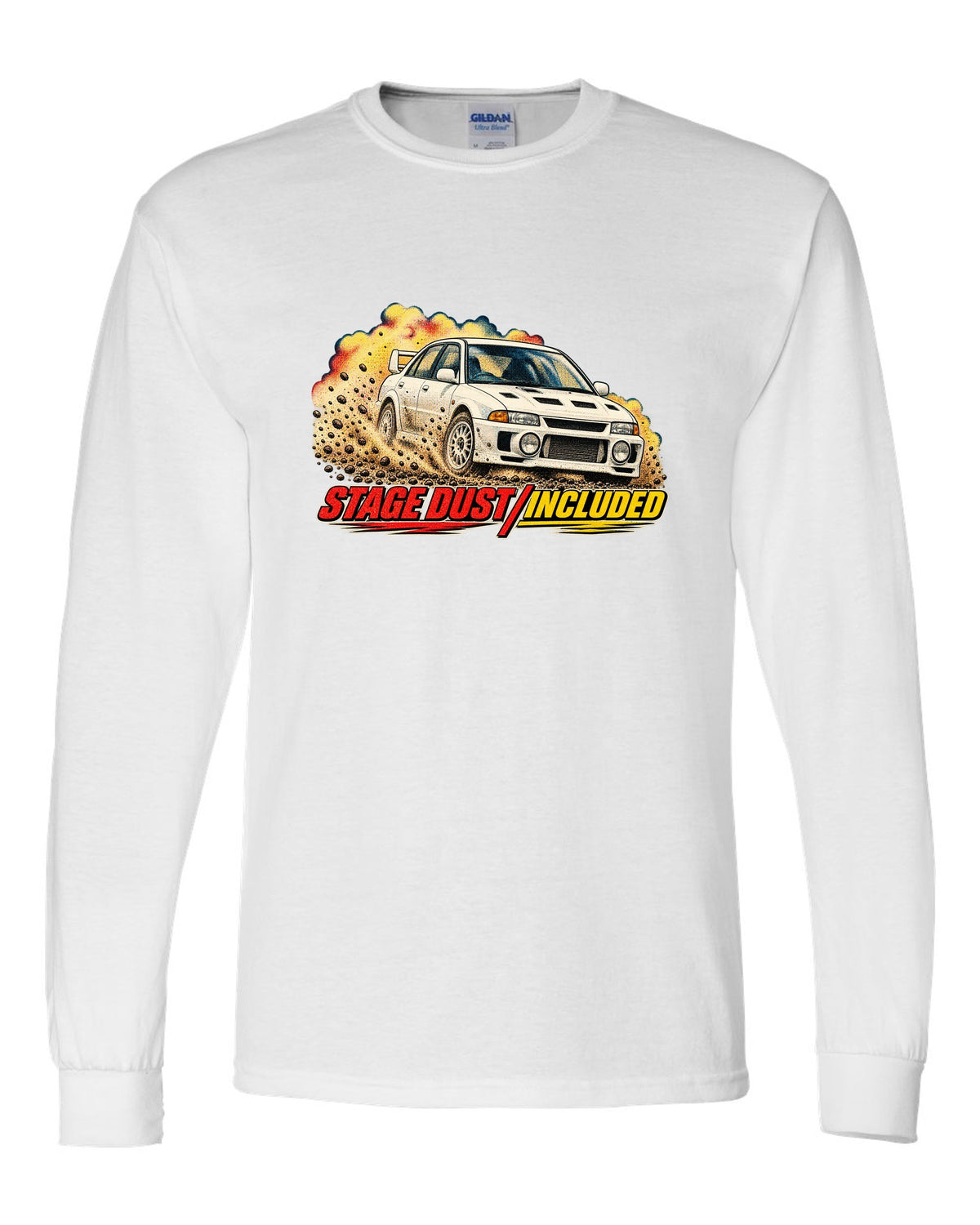 Halftone rally magazine style Mitsubishi Lancer Evolution III CE9A on gravel white long sleeve front view with the design