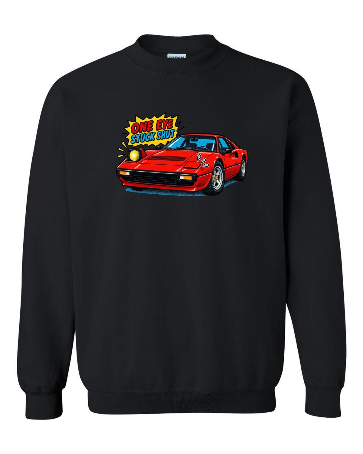 Comic halftone print of a Ferrari 308 GTB with one pop-up headlight stuck shut black crewneck front view with the design