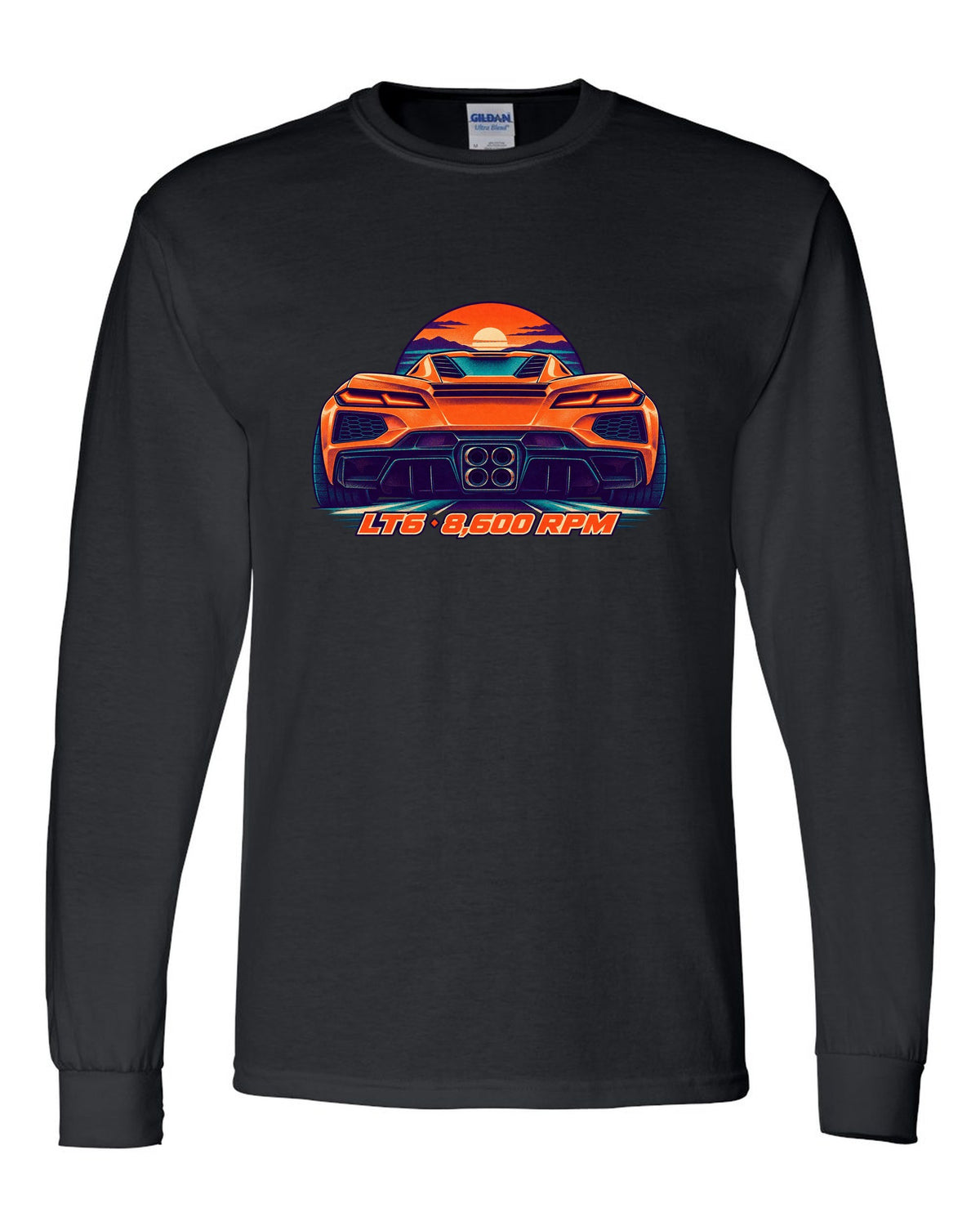 Risograph-style print of a Chevrolet Corvette C8 Z06 with quad exhaust tips and LT6 8,600 RPM lettering black long sleeve front view with the design