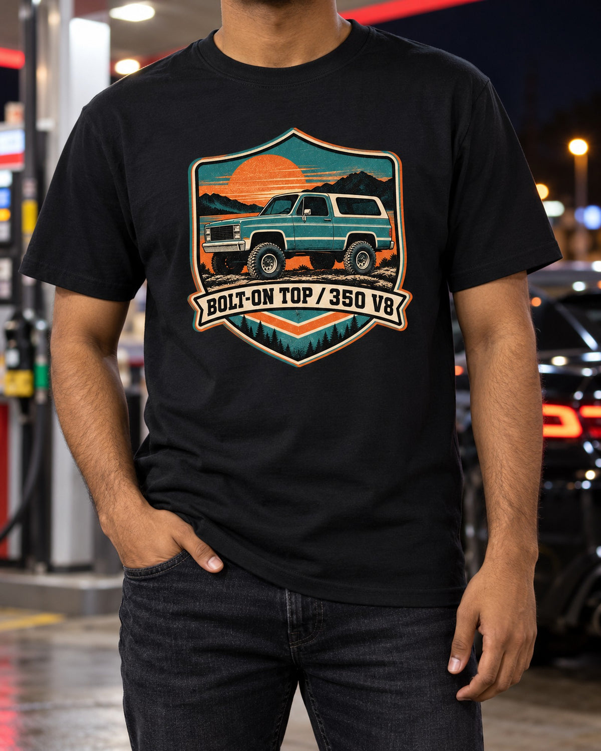 Chevrolet K5 Blazer Riso Sunset Print Shirt, 350 V8 Gift T-Shirt Black worn hero