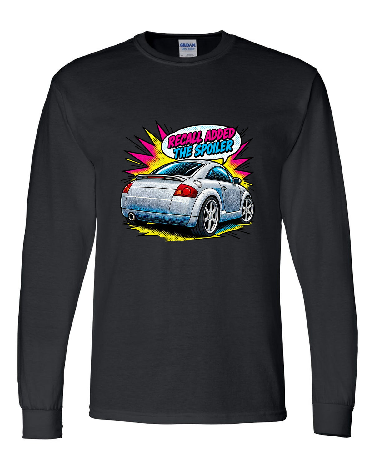 Comic halftone pop art print of an Audi TT Coupe 8N with spoiler recall caption black long sleeve front view with the design