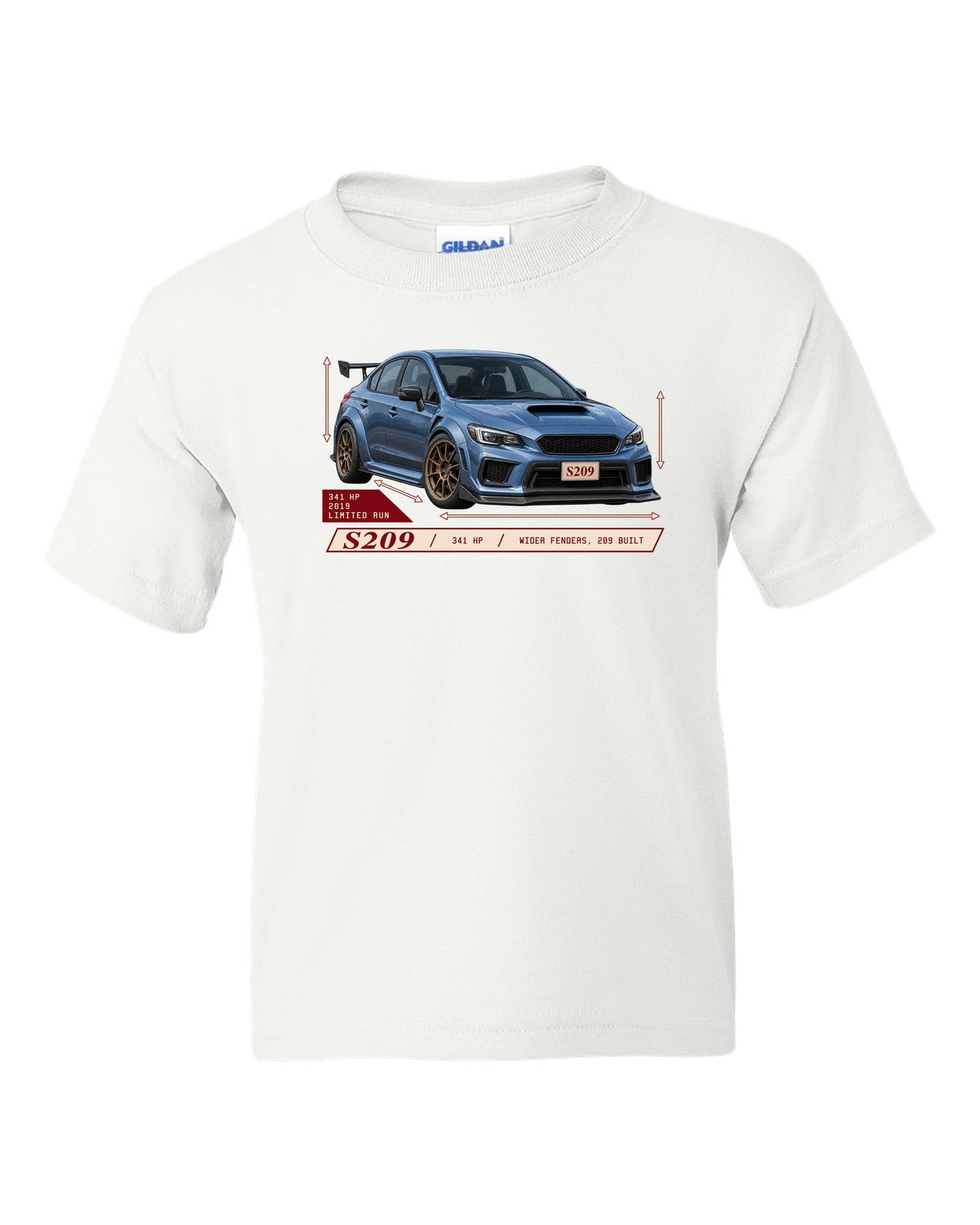 Subaru WRX STI S209 2019 widebody archive panel design white kids tee front view with the design