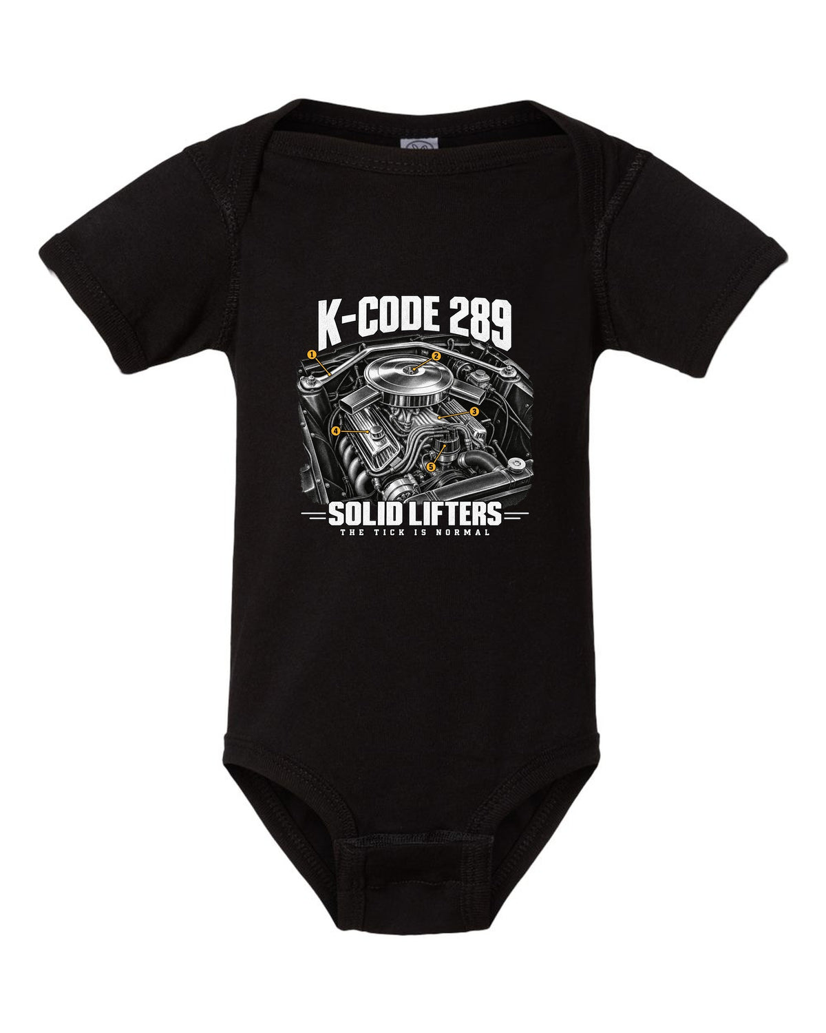 Engine illustration of a 1965 Ford Mustang K-code 289 V8 with solid lifter callouts black baby onesie front view with the design