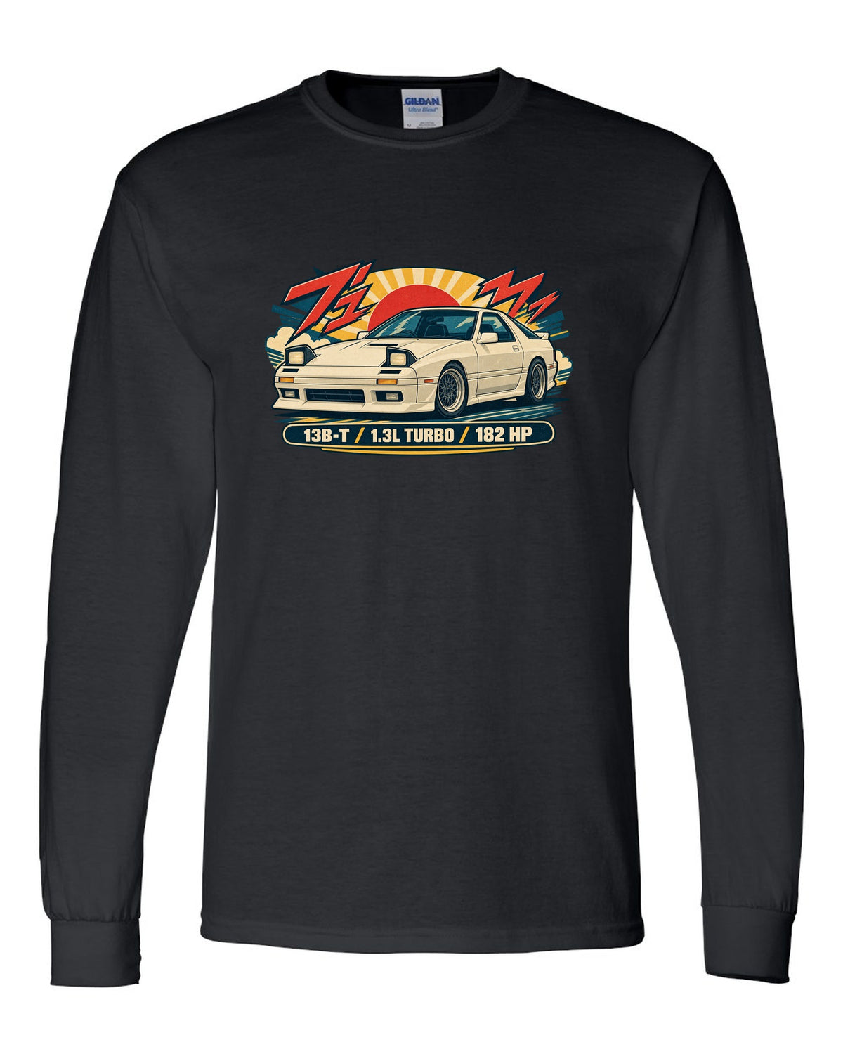 Risograph style overhead print of a Mazda MX-5 ND with the text ND 50:50 black long sleeve front view with the design