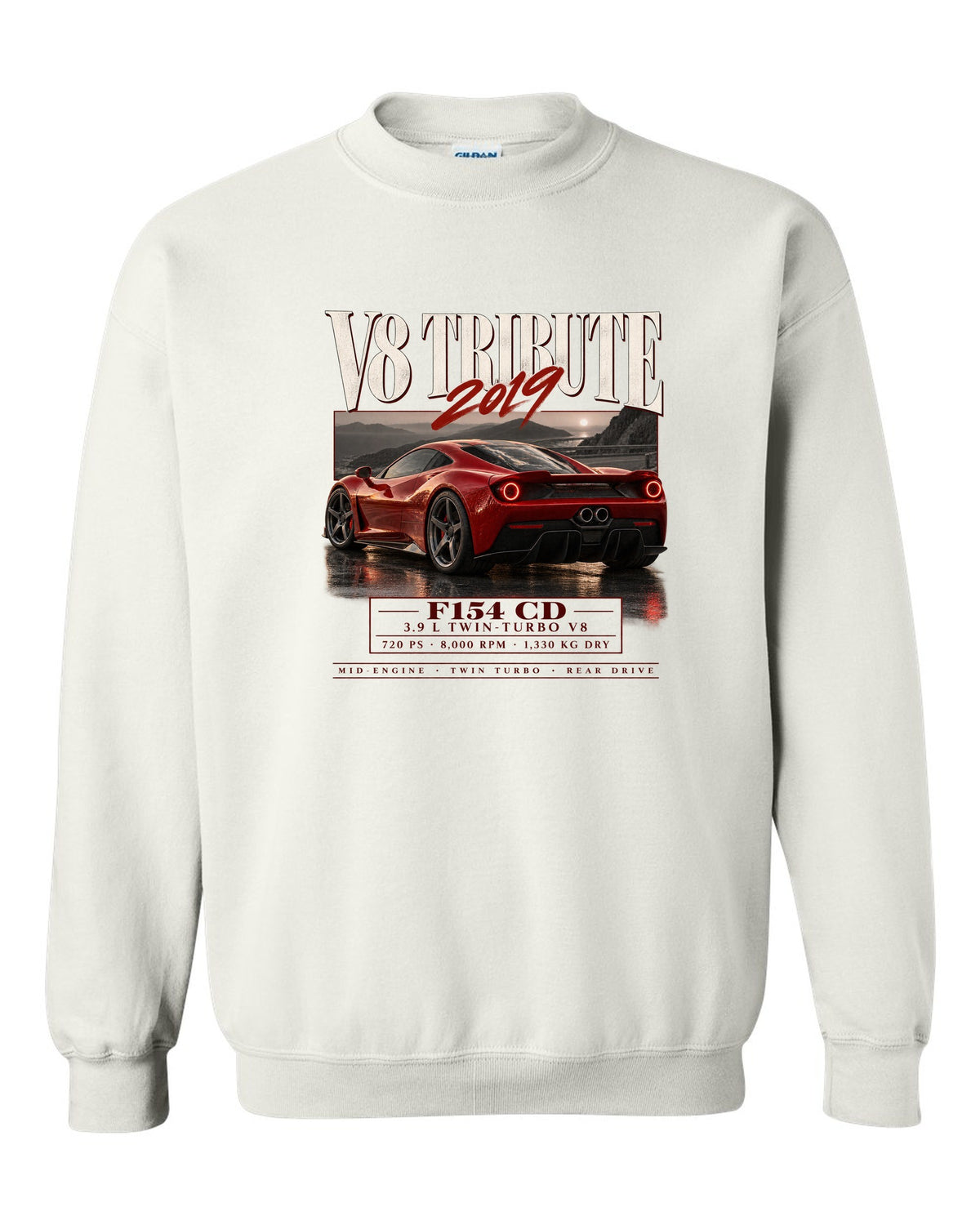 Archive panel print of a Ferrari F8 Tributo listing 3.9 L twin-turbo V8, 720 PS and 1,330 kg dry white crewneck front view with the design