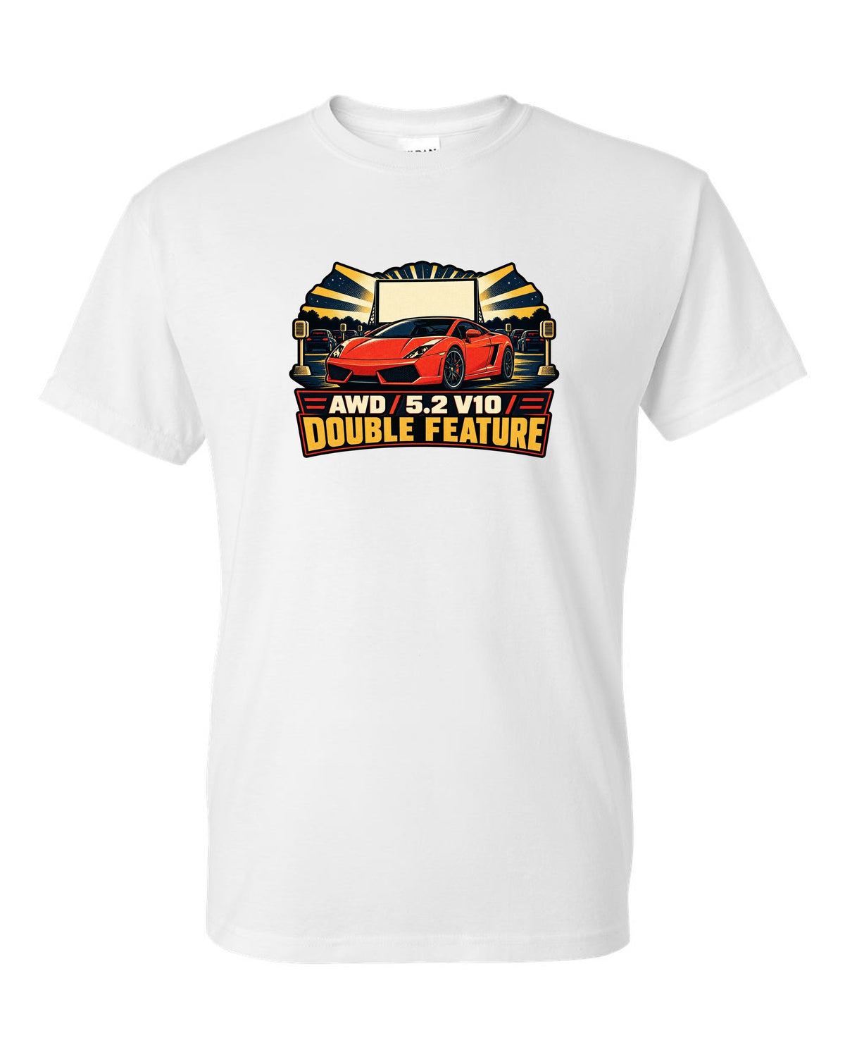 Vintage race poster style design of a Lamborghini Gallardo LP560-4 with AWD and V10 text white t-shirt front view with the design