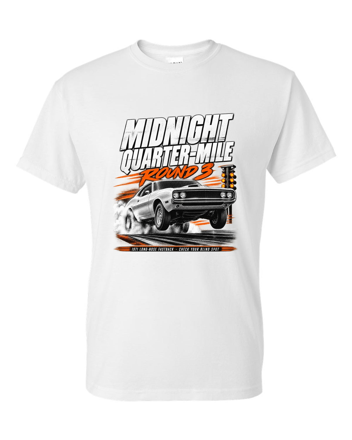 Race poster illustration of a 1971 Ford Mustang long-nose fastback titled midnight quarter-mile white t-shirt front view with the design