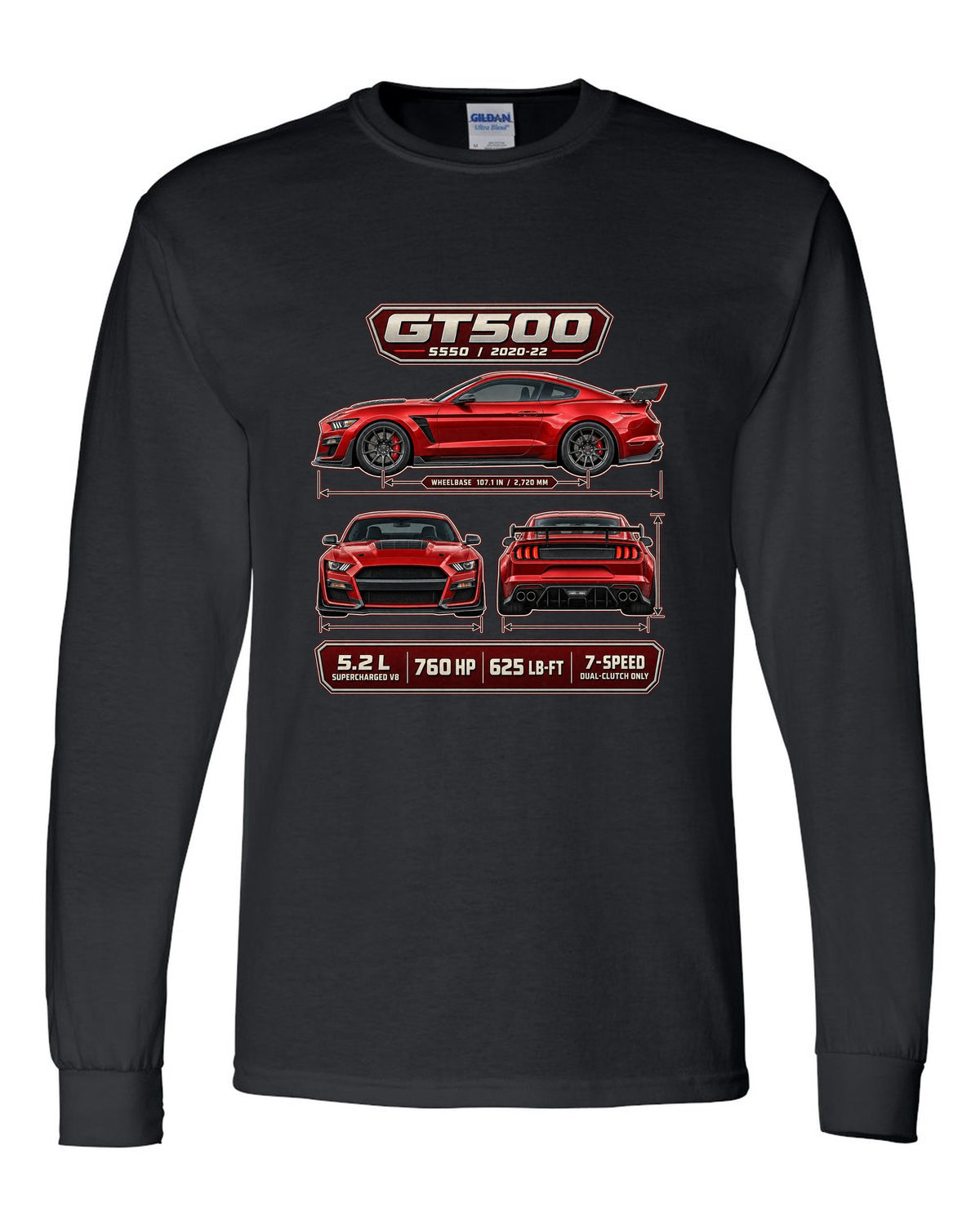 Ford Mustang S550 Shelby GT500 three-view drawing with spec table print black long sleeve front view with the design