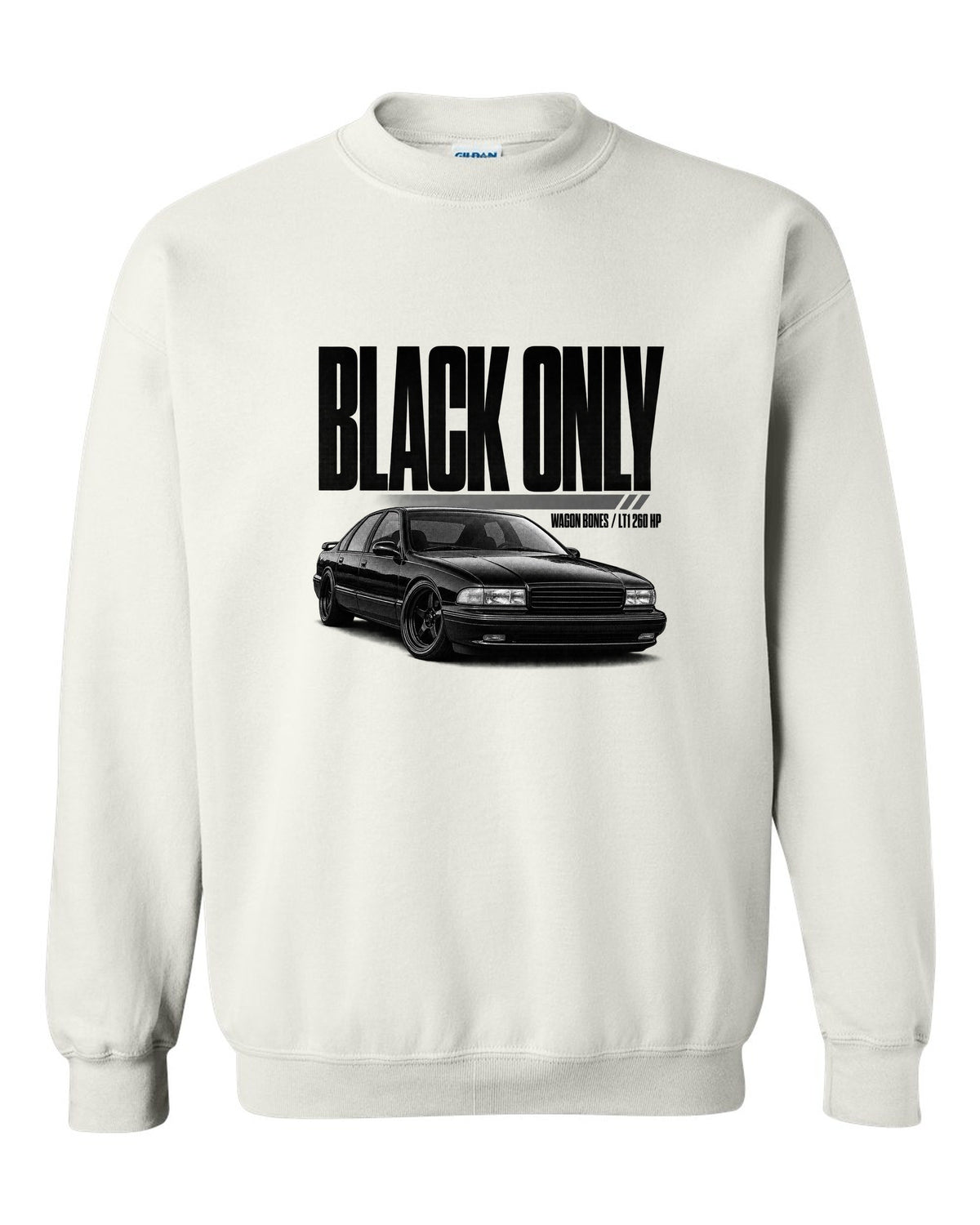 1994 Impala SS front three-quarter halftone print with LT1 text white crewneck front view with the design
