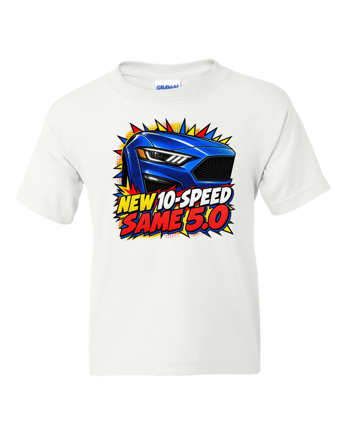 Comic halftone pop-art print of a 2018-23 Ford Mustang S550 GT front end white kids tee front view with the design