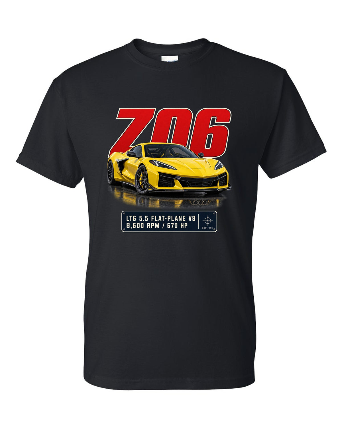 Editorial headline print of a yellow Chevrolet Corvette C8 Z06 black t-shirt front view with the design
