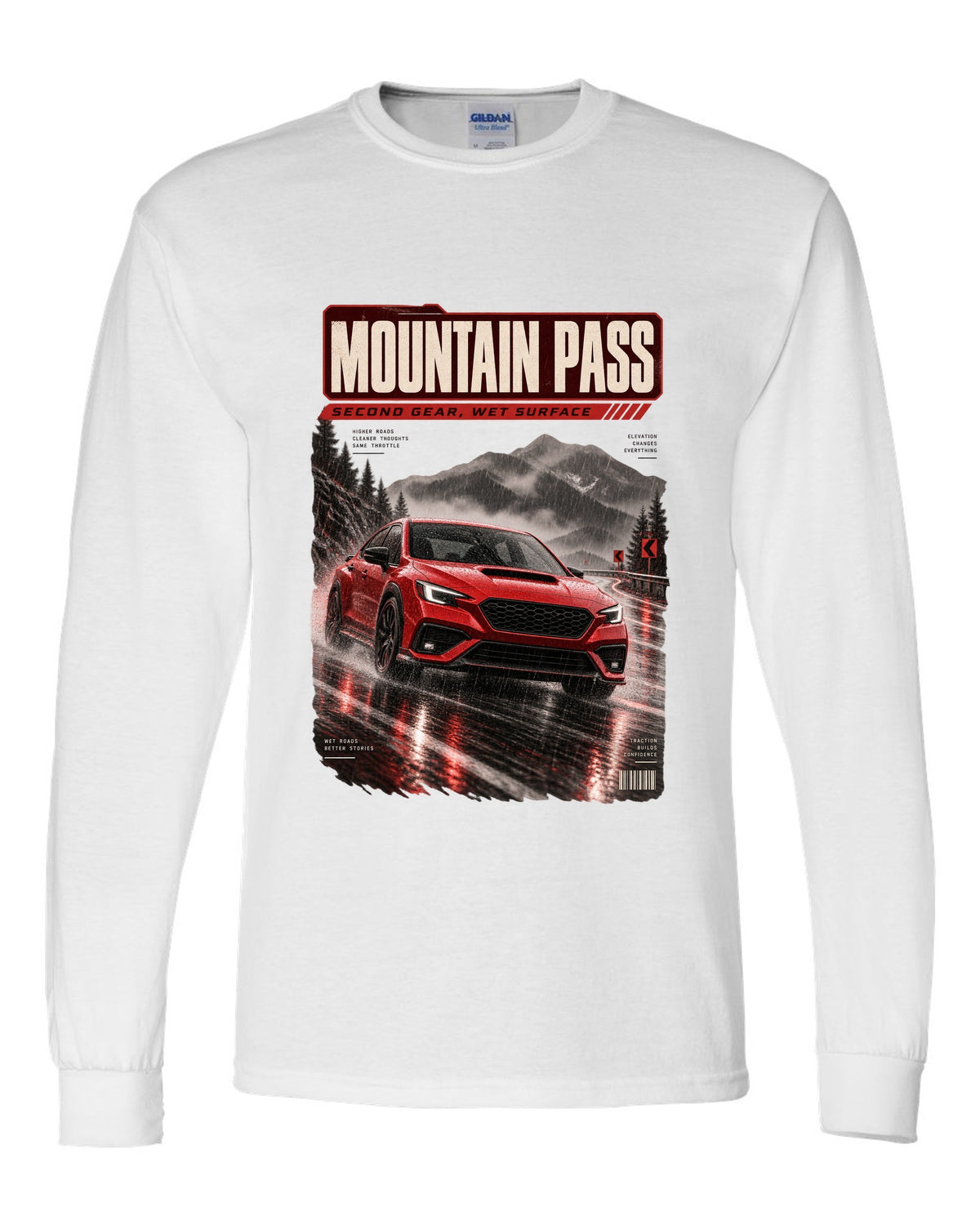 Red-orange monochrome Subaru WRX VB sedan on a wet mountain pass at night, poster-style print white long sleeve front view with the design