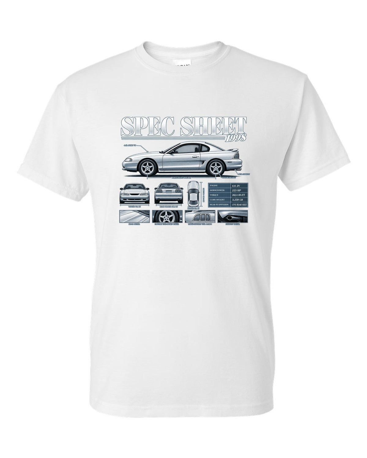 Spec sheet poster print of a 1998 SN95 Ford Mustang GT coupe white t-shirt front view with the design