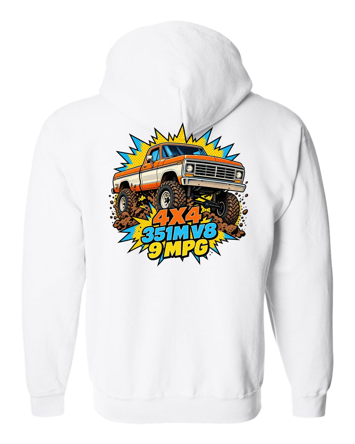 Dent-Side Ford F-150 Comic Halftone Pop-Art Workshop Tee white zip hoodie back view with the design