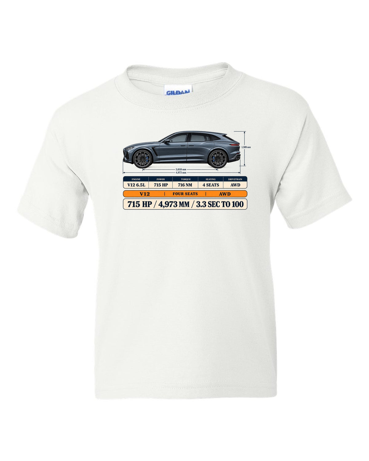 Spec poster print of the Ferrari Purosangue with power and length figures white kids tee front view with the design