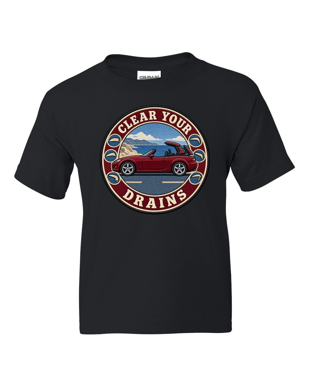 Embroidery-style roundel crest of a Mazda MX-5 NC with clear your drains text black kids tee front view with the design