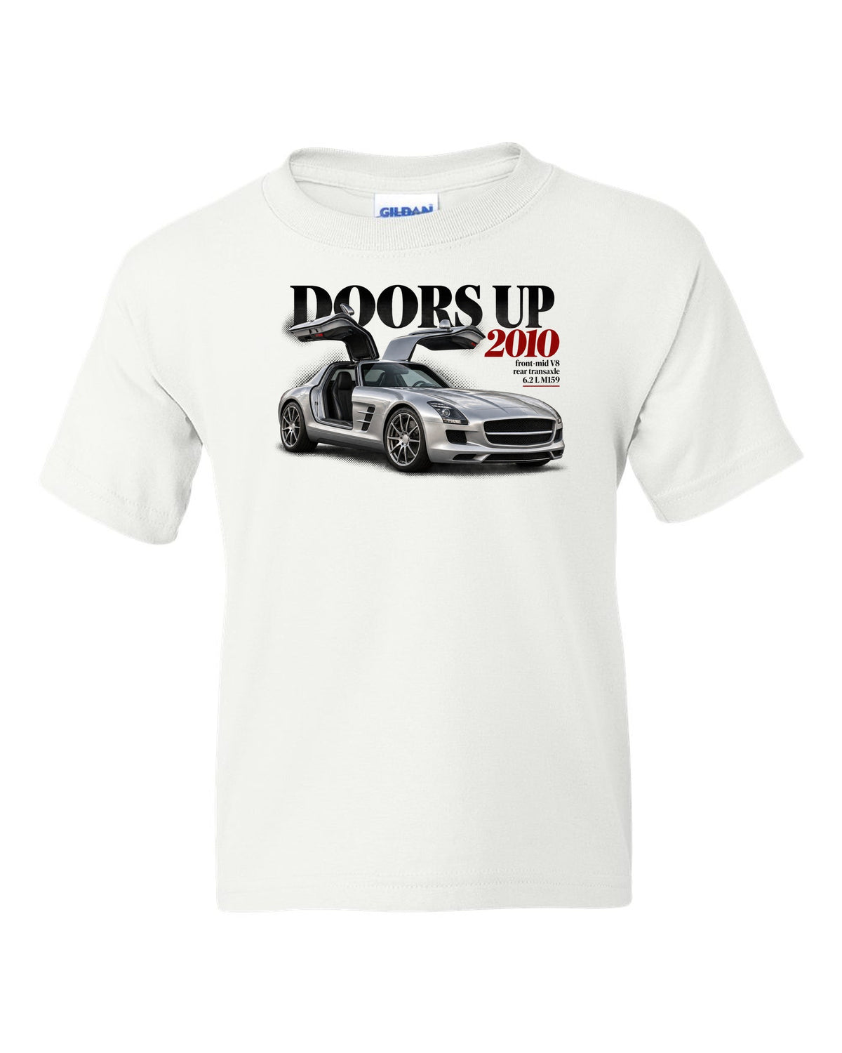Editorial print of a Mercedes SLS AMG C197 with gullwing doors raised and Doors Up 2010 lettering white kids tee front view with the design