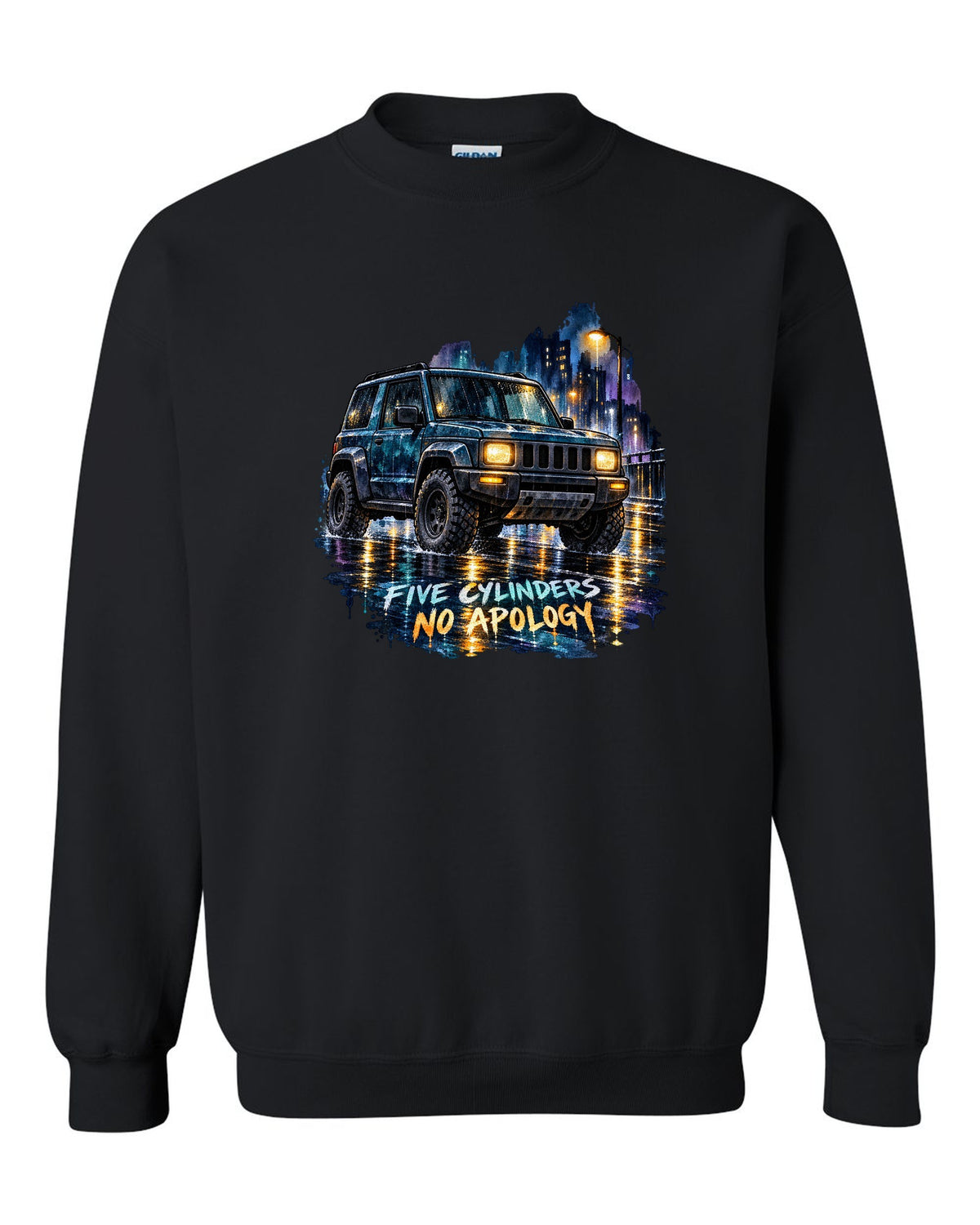 Watercolour wash wet street scene with a 2006-2010 Hummer H3 and FIVE CYLINDERS / NO APOLOGY text black crewneck front view with the design