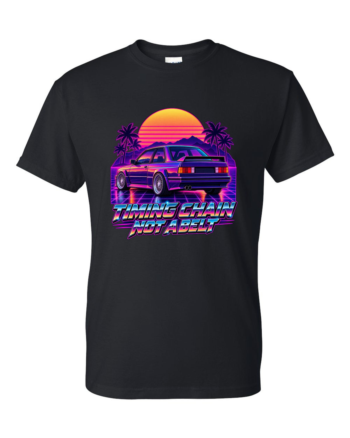 Synthwave outrun illustration of a BMW E30 M3 taillights at dusk with timing chain text black t-shirt front view with the design
