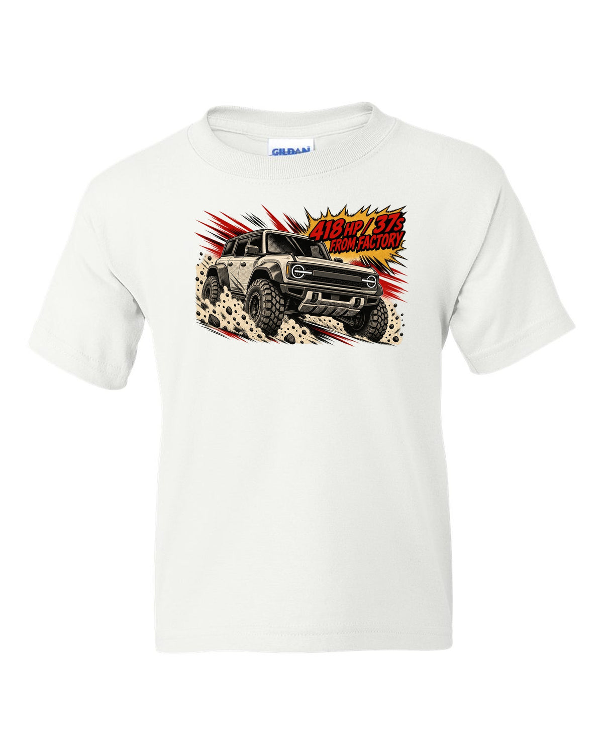 Retro manga halftone panel of a 2022 Ford Bronco Raptor jumping in the desert with 418 HP lettering white kids tee front view with the design