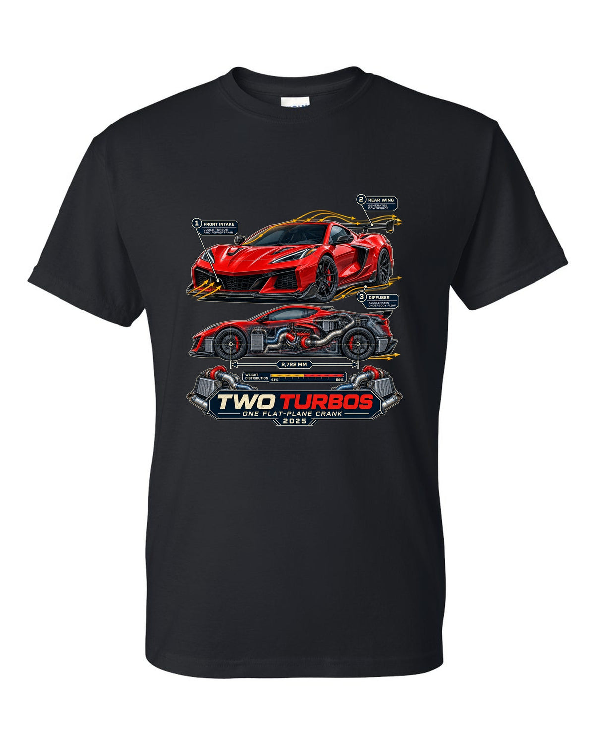print of a Chevrolet Corvette C8 ZR1 cutaway with callouts for twin turbos and flat-plane crank black t-shirt front view with the design