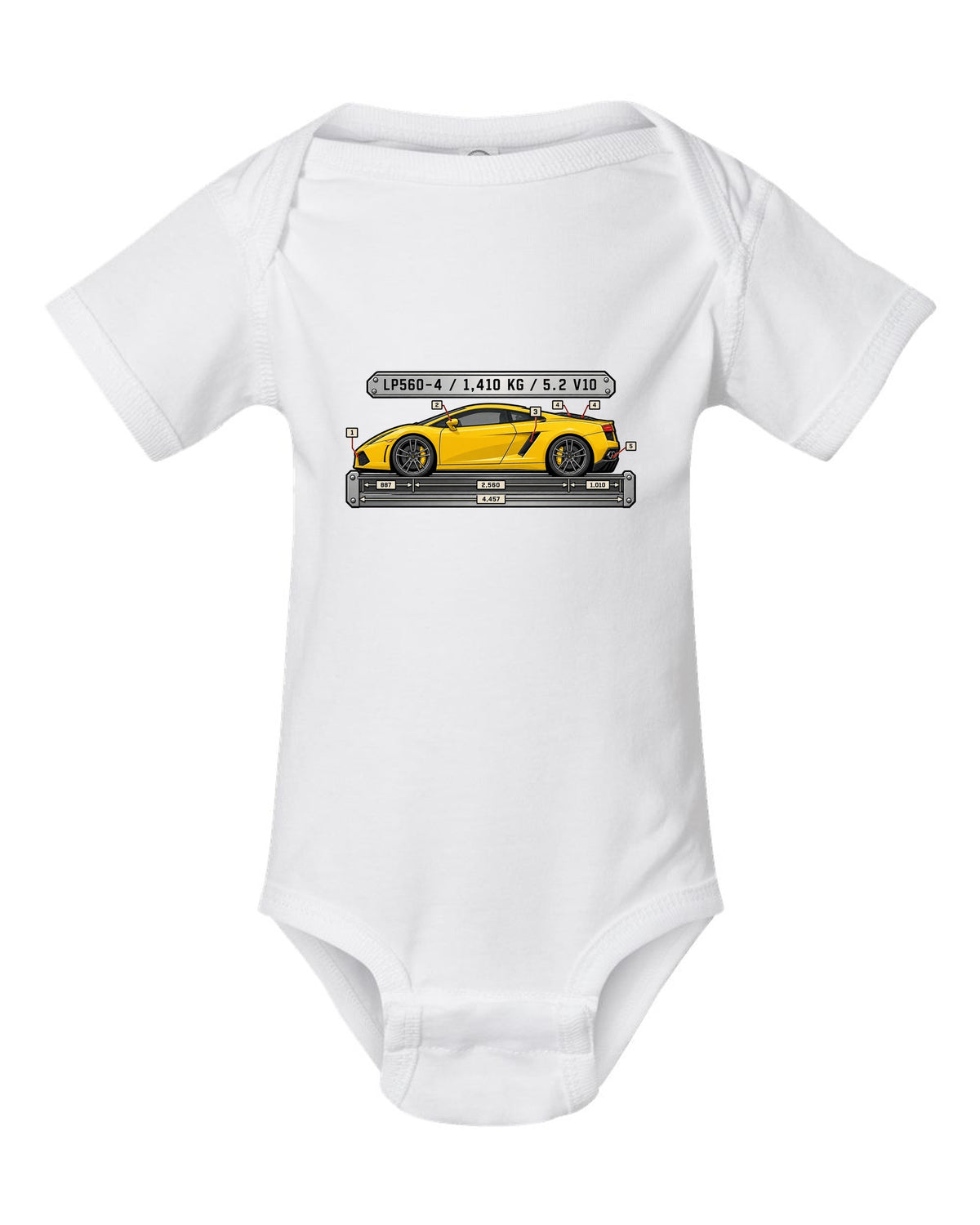 Spec-sheet data plate design for a Lamborghini Gallardo LP560-4 with weight and engine text white baby onesie front view with the design