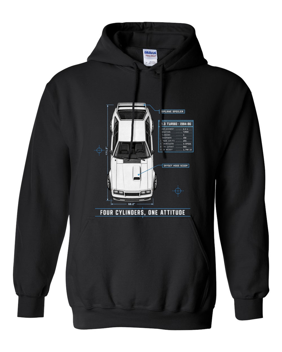 Spec poster print of a 1984-86 Fox Body Mustang 2.3 turbo chback black pull over hoodie front view with the design