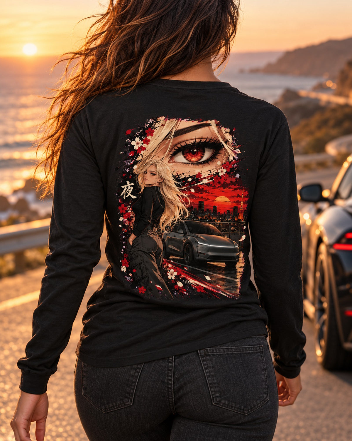 Tesla Model Y Juniper Anime Girl Shirt, Hoodie & More Long Sleeve Black worn hero