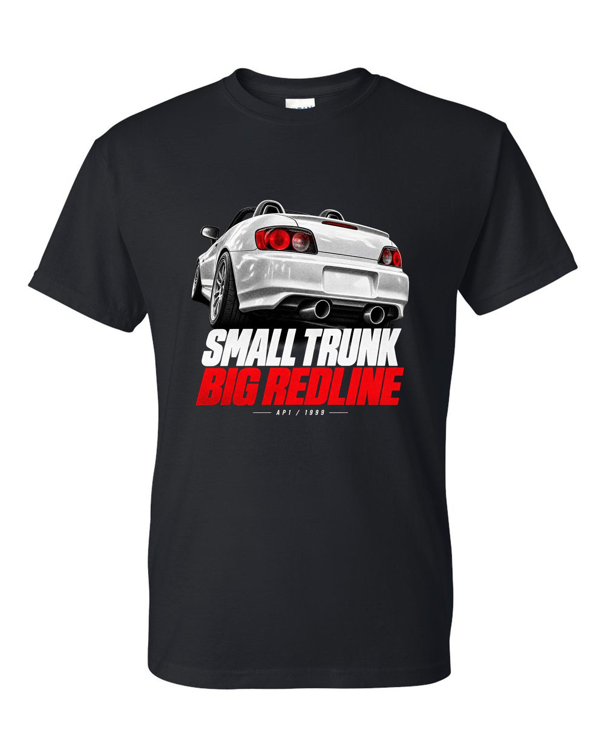 Honda S2000 AP1 roadster taillight detail design with small trunk big redline text black t-shirt front view with the design