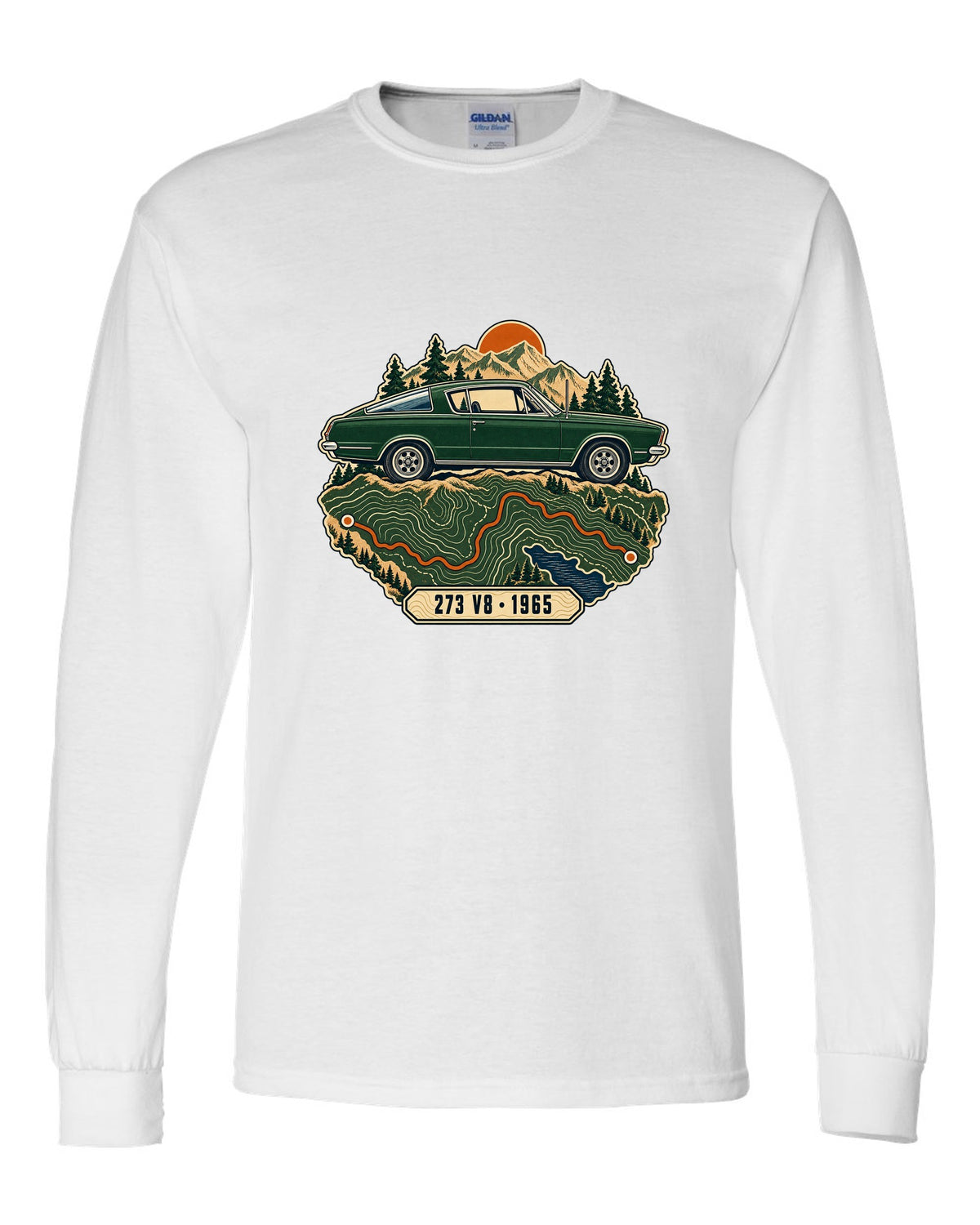 Topographic route map design with a 1965 Plymouth Barracuda fastback and 273 V8 lettering white long sleeve front view with the design
