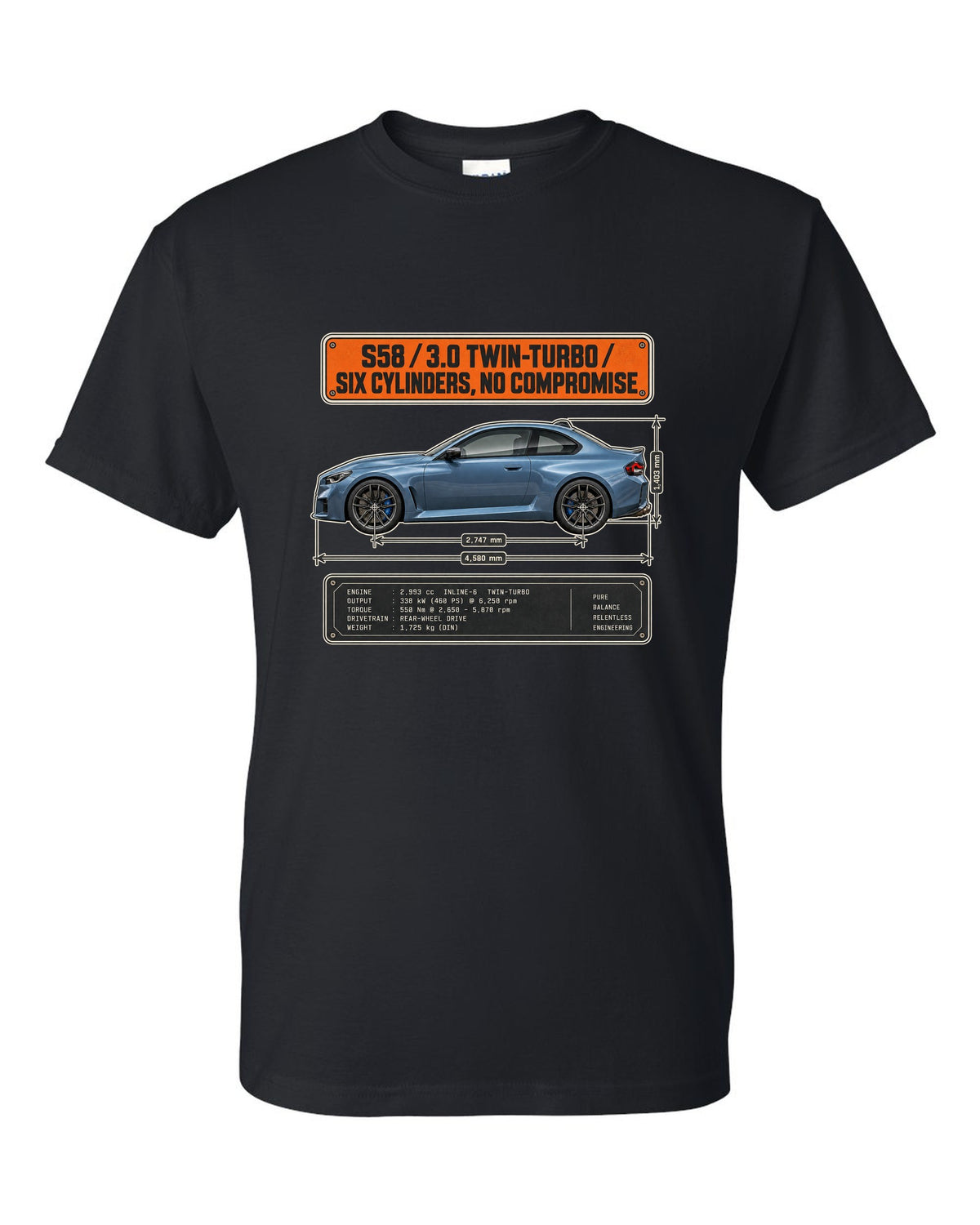 BMW M2 G87 dimension blueprint print with S58 3.0 twin-turbo text black t-shirt front view with the design