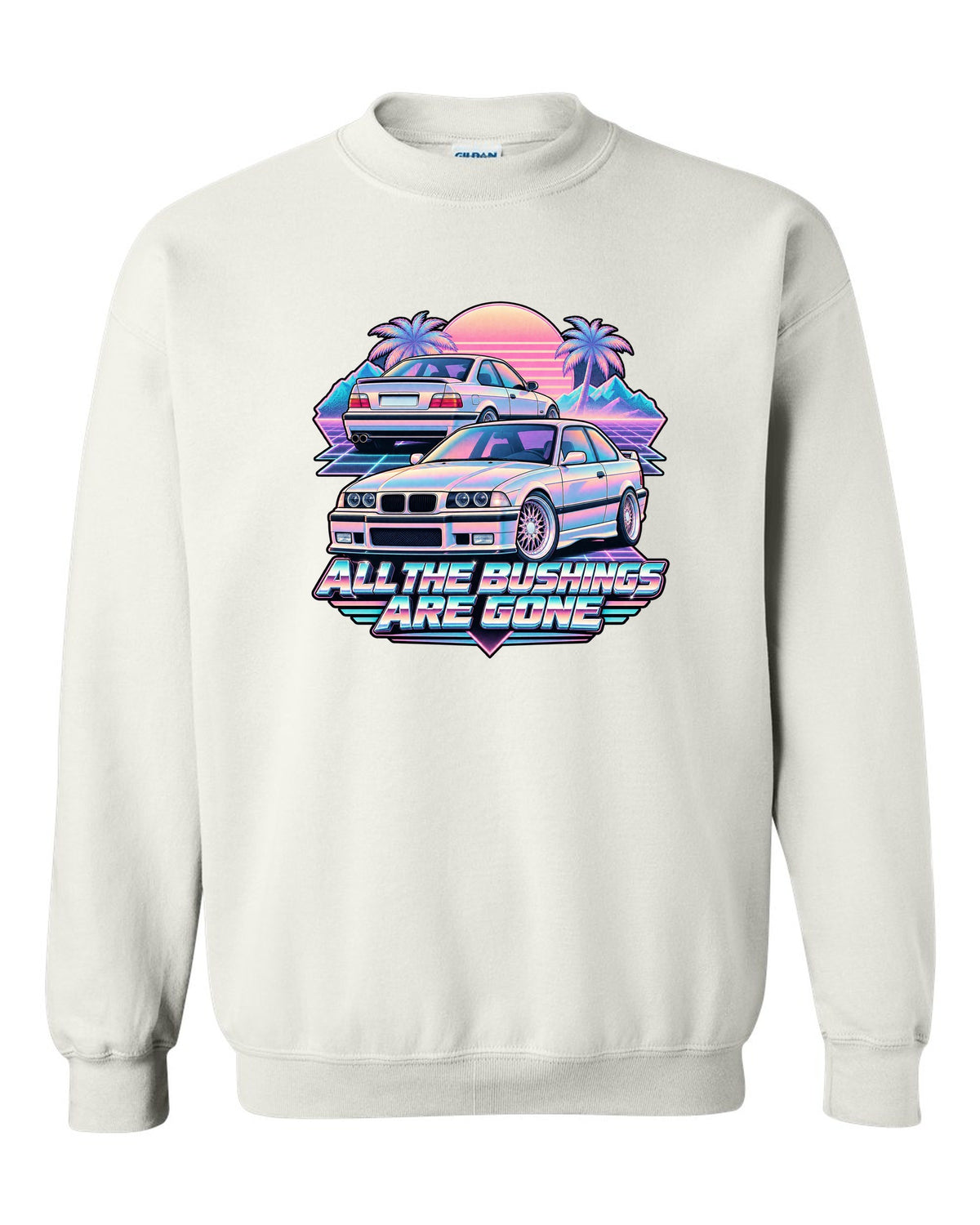 Vaporwave print of a BMW E36 M3 taillight with all the bushings are gone text white crewneck front view with the design