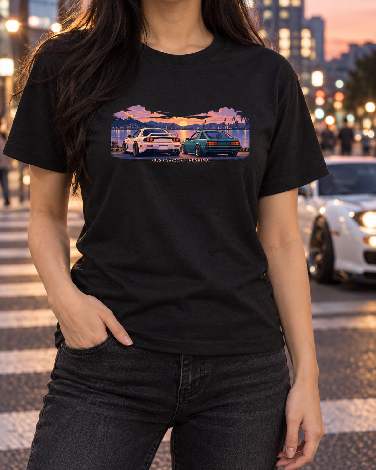 Mazda RX-7 FD3S Touge Hairpin Ukiyo-e Woodblock Shirt T-Shirt Black worn hero