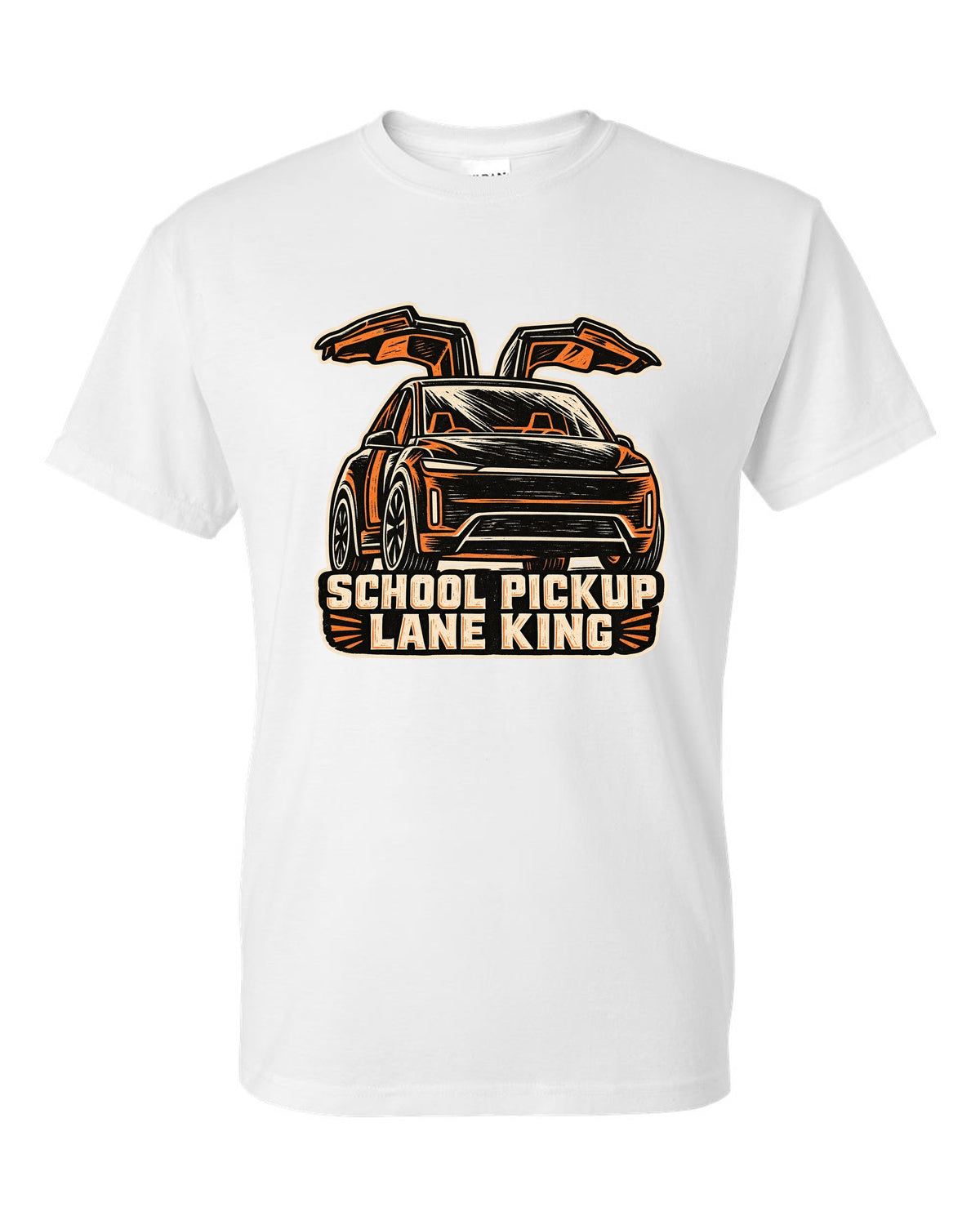 Chunky linocut woodblock print of a Tesla Model X reading School Pickup Lane King white t-shirt front view with the design