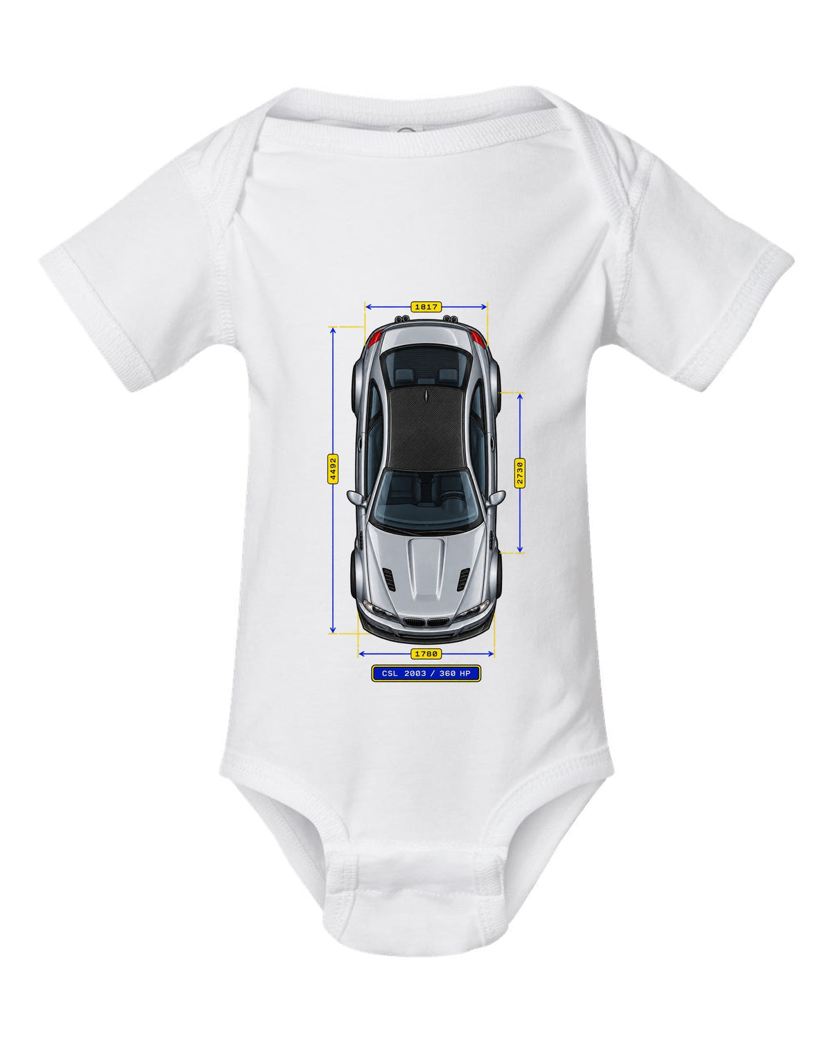 Spec-sheet data plate schematic of a BMW E46 M3 CSL 2003 with carbon roof and 360 HP white baby onesie front view with the design
