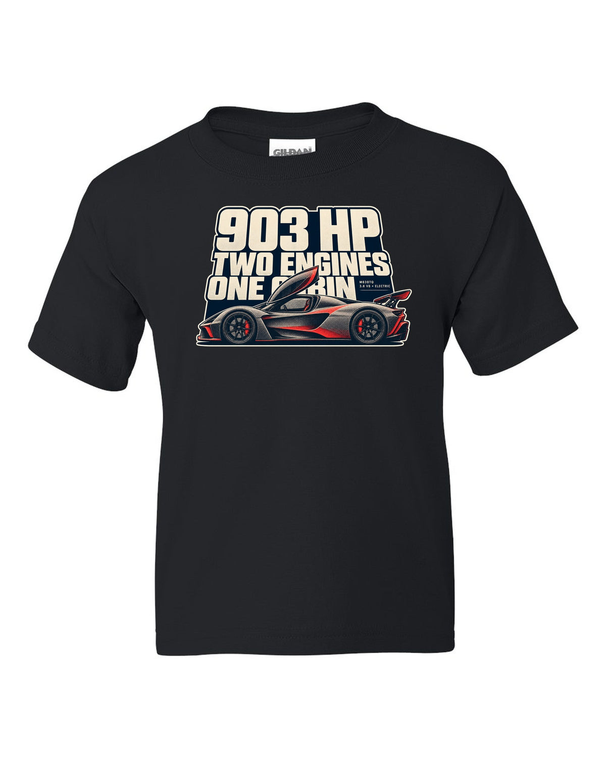 Halftone print of a McLaren P1 in warm grey and red, 903 HP two engines black kids tee front view with the design