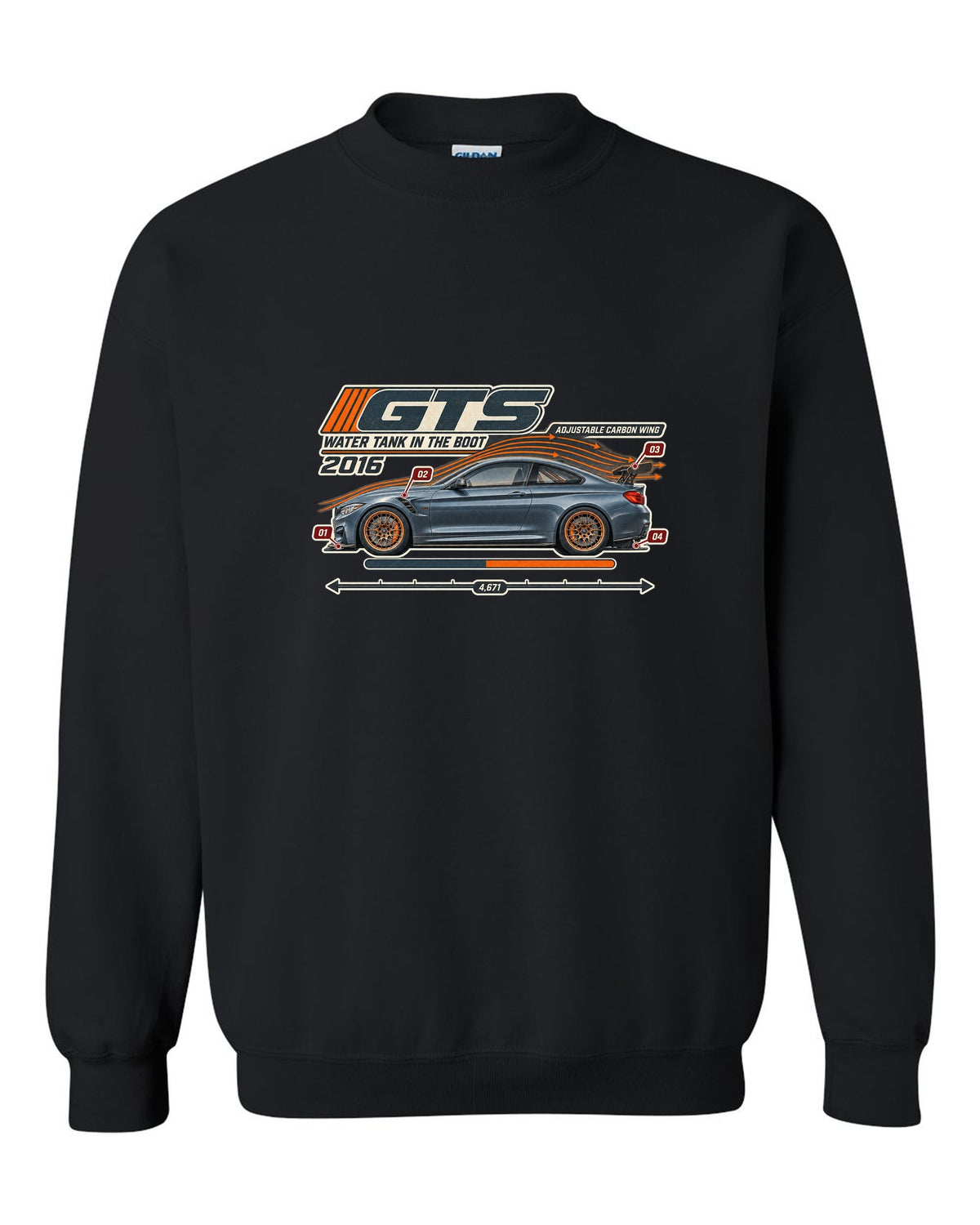 BMW M4 GTS F82 aero cutaway with callouts print black crewneck front view with the design