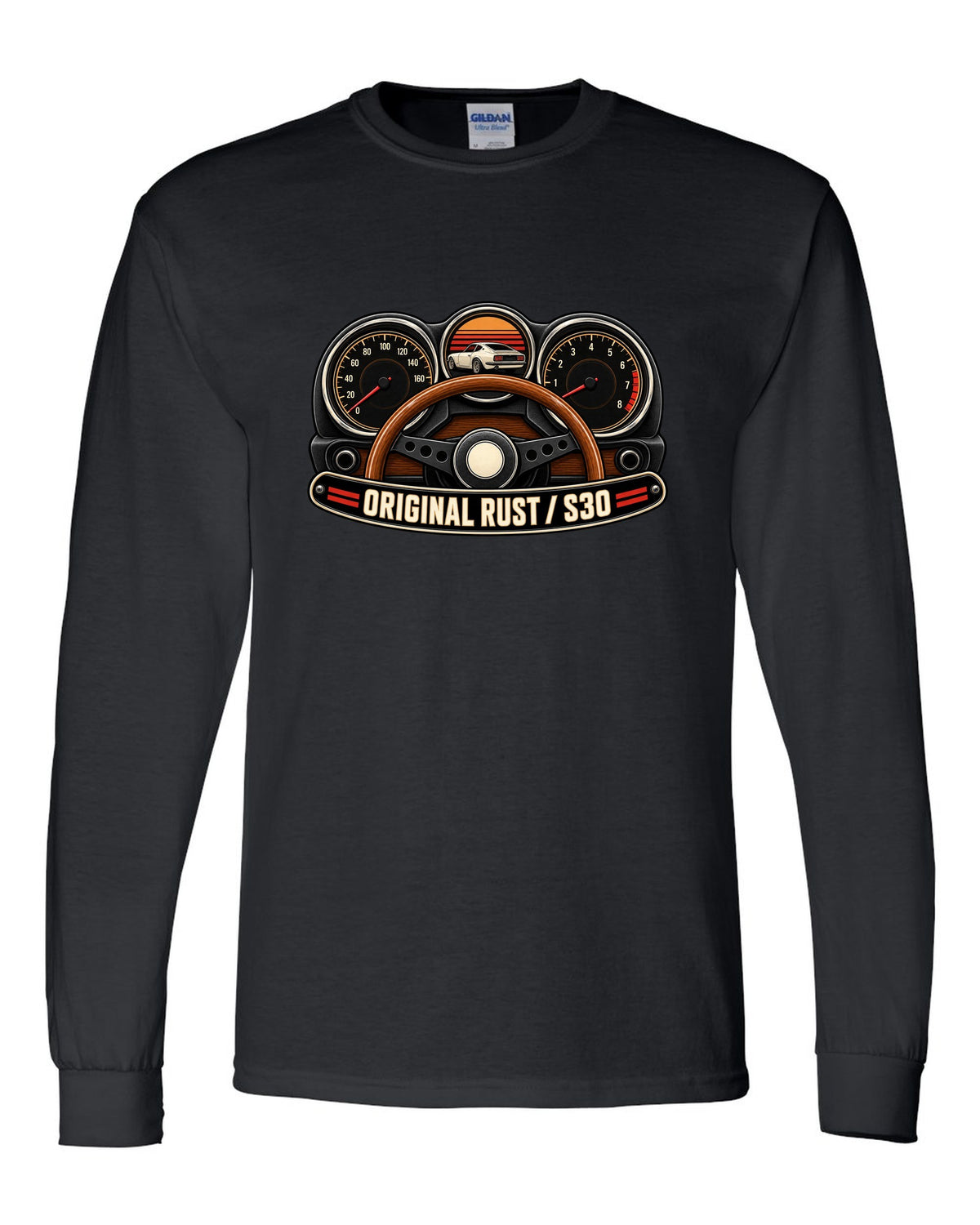 Analog gauge cluster print for the Datsun 240Z S30 reading Original Rust black long sleeve front view with the design
