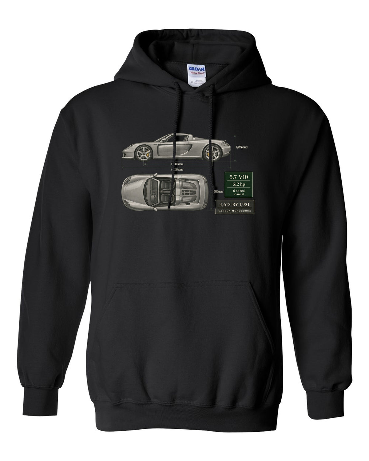 Porsche Carrera GT top view dimension blueprint print design black pull over hoodie front view with the design