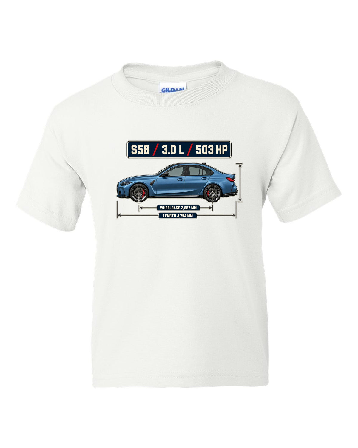 BMW M3 Competition G80 dimension blueprint print with S58 specs white kids tee front view with the design