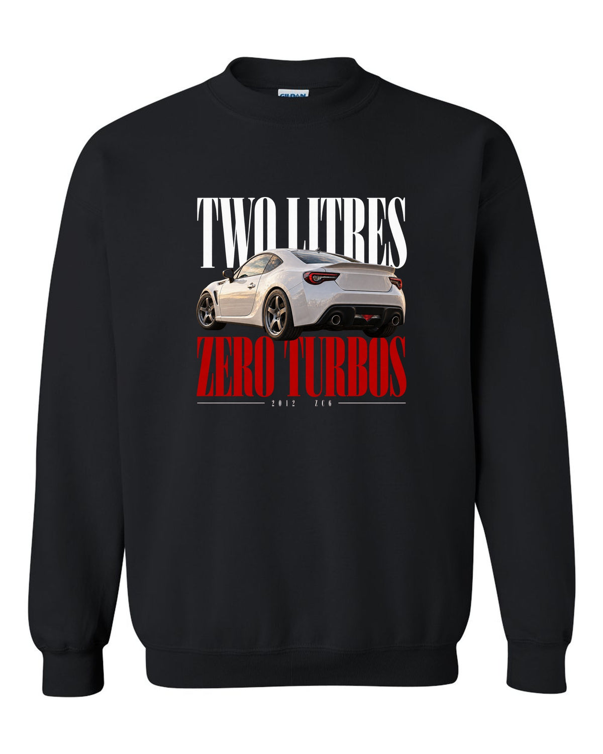 Editorial headline print for the Subaru BRZ ZC6 reading Two Litres, Zero Turbos, ZC6, 2012 black crewneck front view with the design