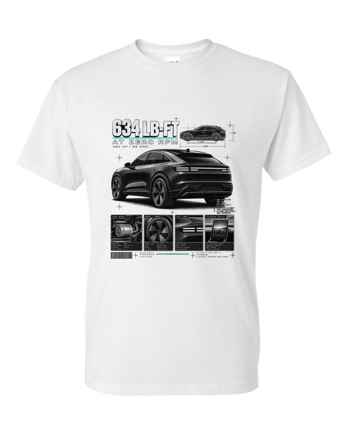 Ford Mustang Mach-E GT CX727 dossier panel print with 634 lb-ft at zero rpm white t-shirt front view with the design