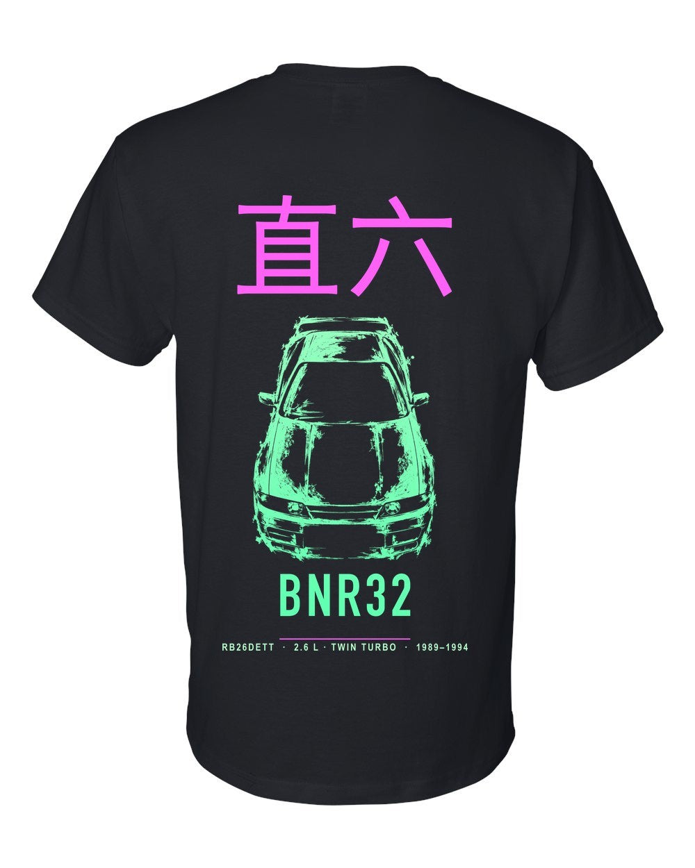 BNR32 full-back artwork black t-shirt back view with the design