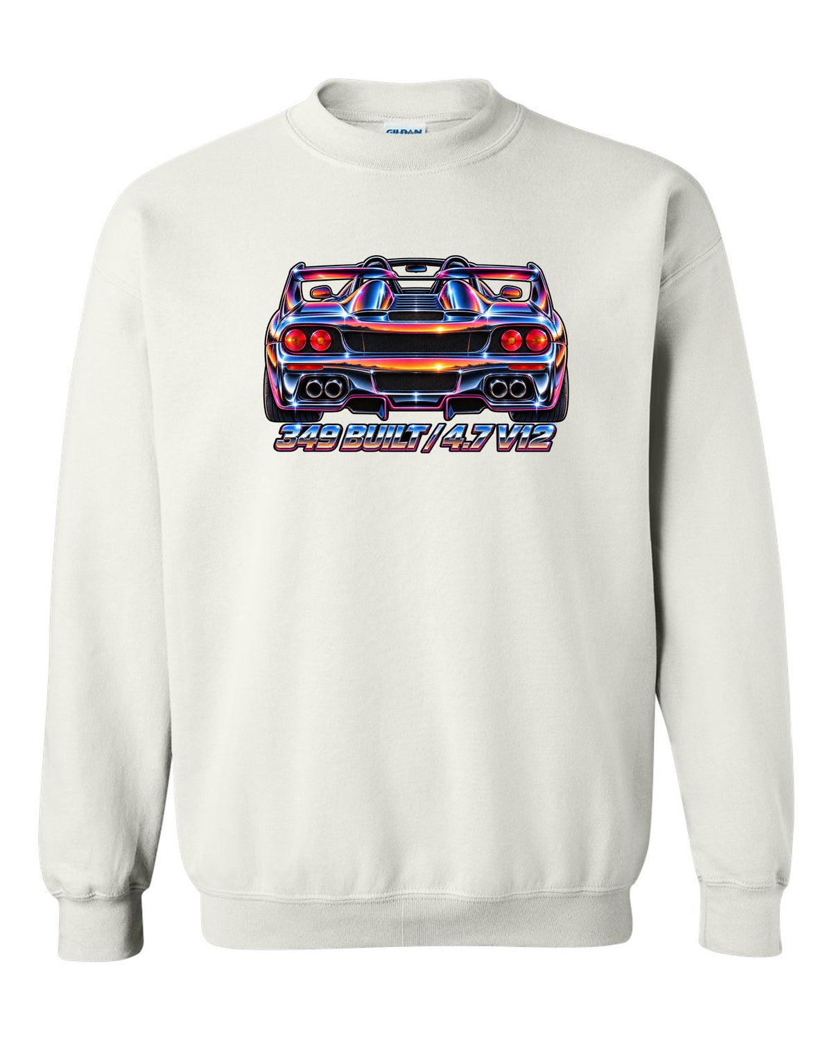 1980s airbrush chrome rear view print of a 1995 Ferrari F50 F130 with 349 built and 4.7 V12 text white crewneck front view with the design