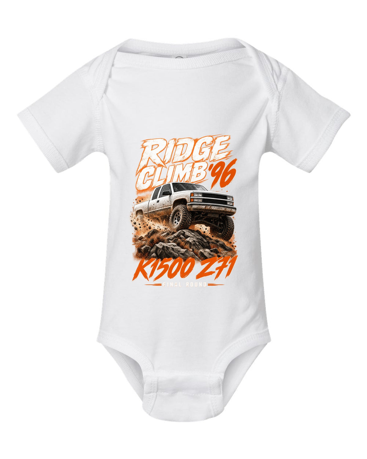 1996 Chevy K1500 Z71 OBS Ridge Climb race poster print white baby onesie front view with the design