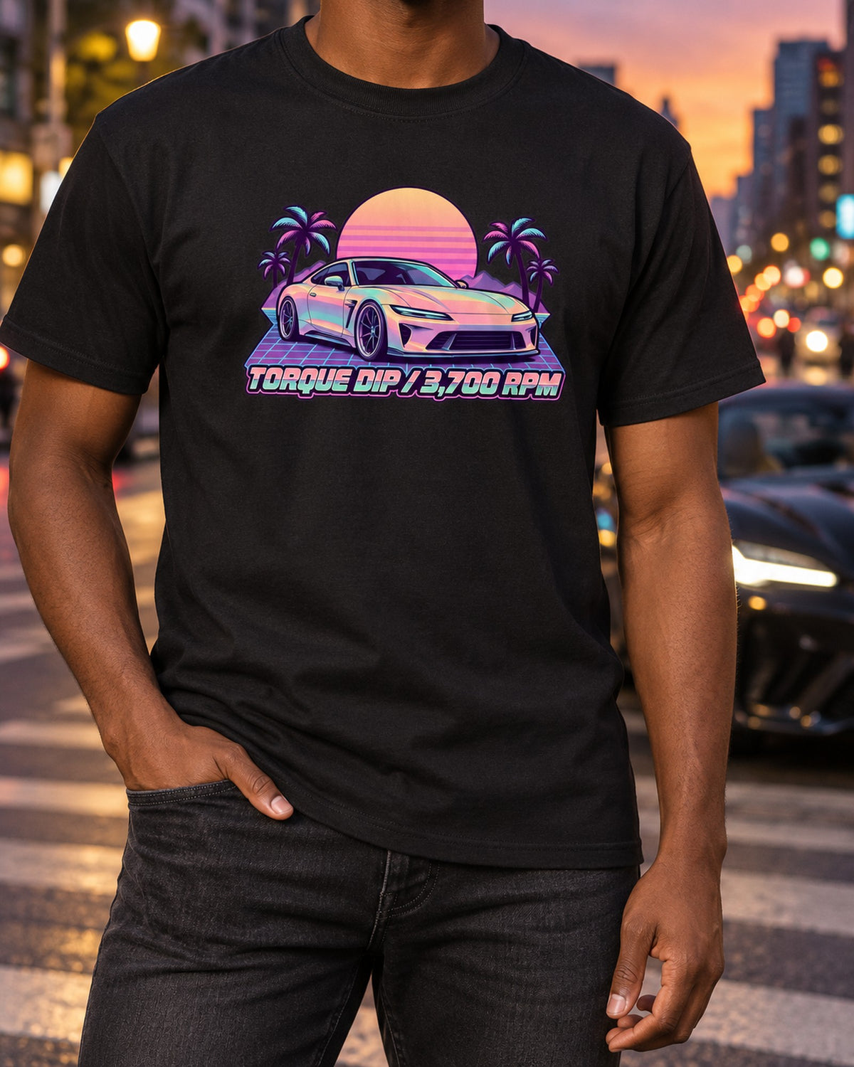 Toyota 86 ZN6 Pastel Vaporwave Tee: Torque Dip at 3,700 RPM T-Shirt Black worn hero